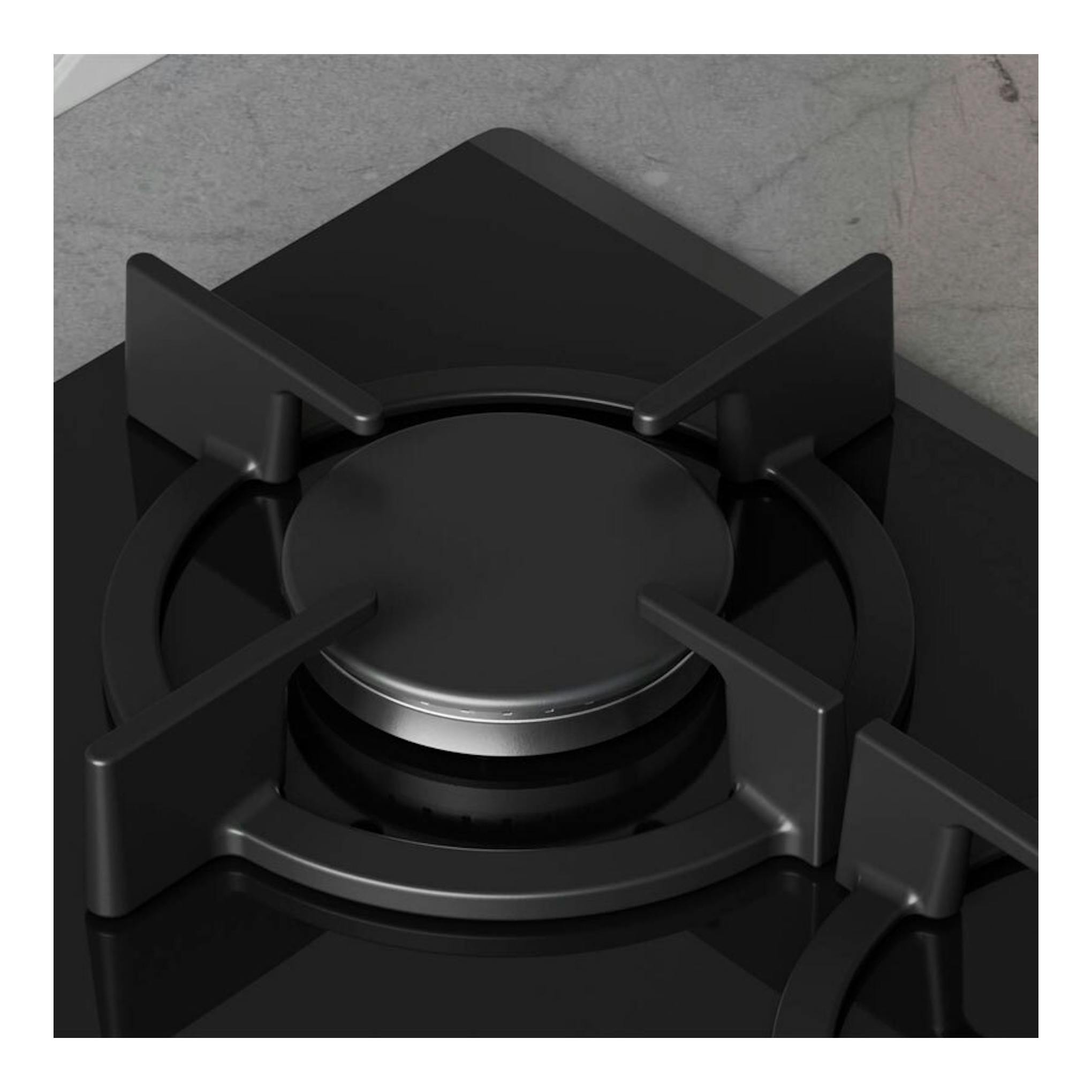Placa de gas Balay 3ETG664RB de cristal negro, vista en detalle de un quemador.