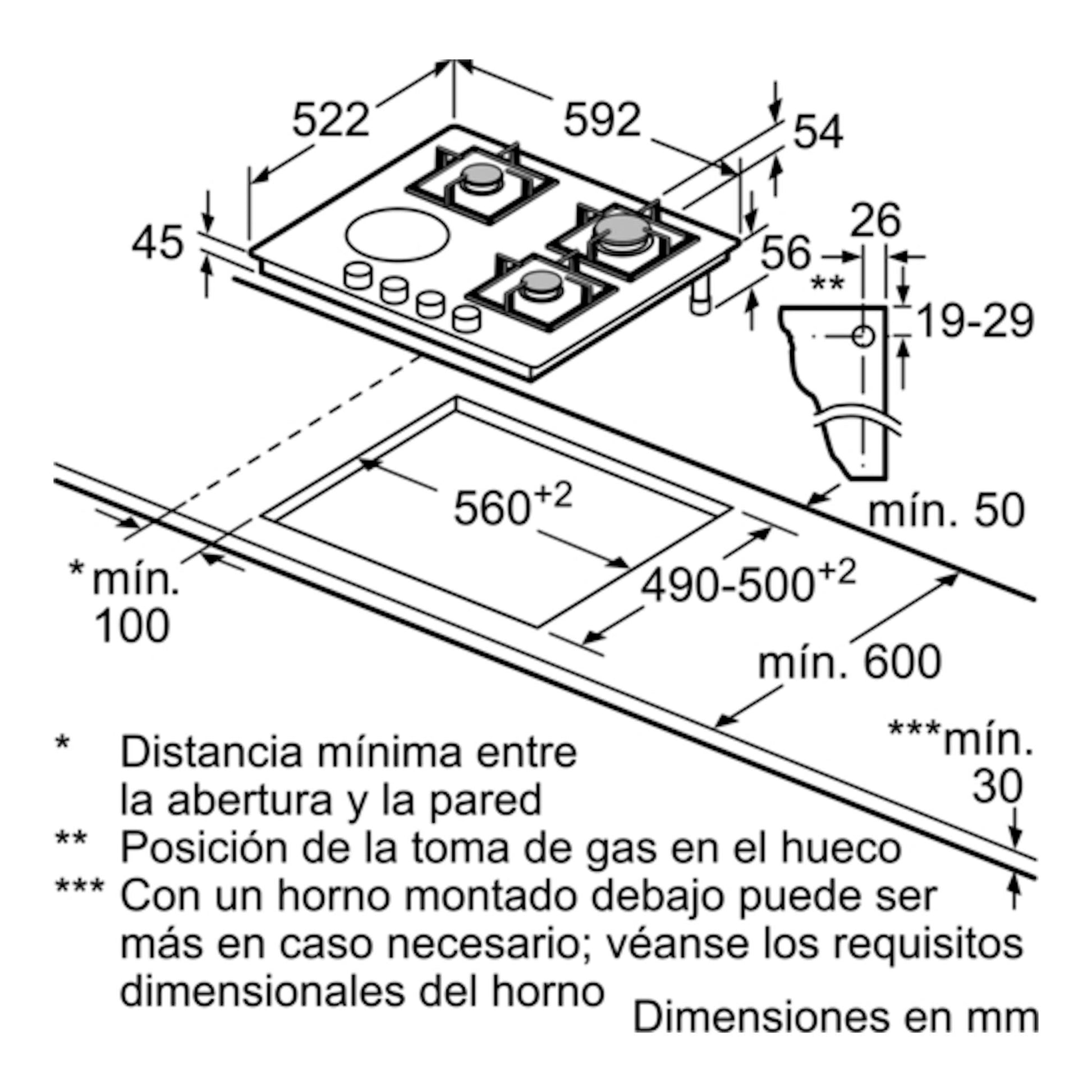 Balay 3ETG667HB: esquema de instalación de placa mixta negra con medidas y hueco de encastre en mm.