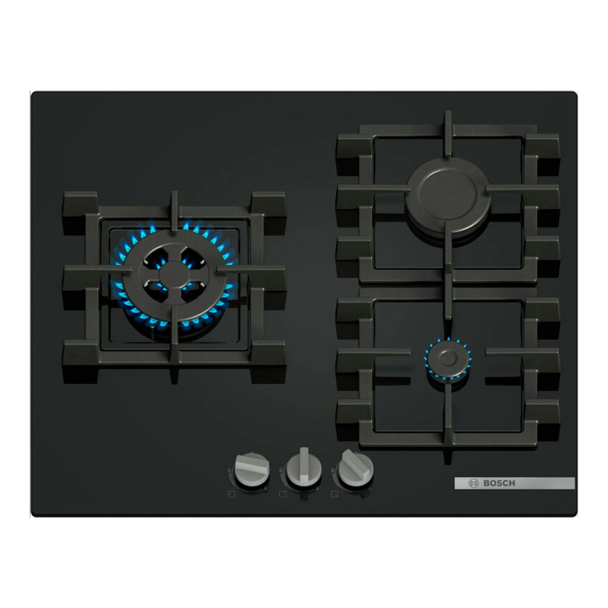 Placa de gas Bosch PNC6B6K40 de cristal negra, vista superior, con 3 quemadores y mandos frontales.
