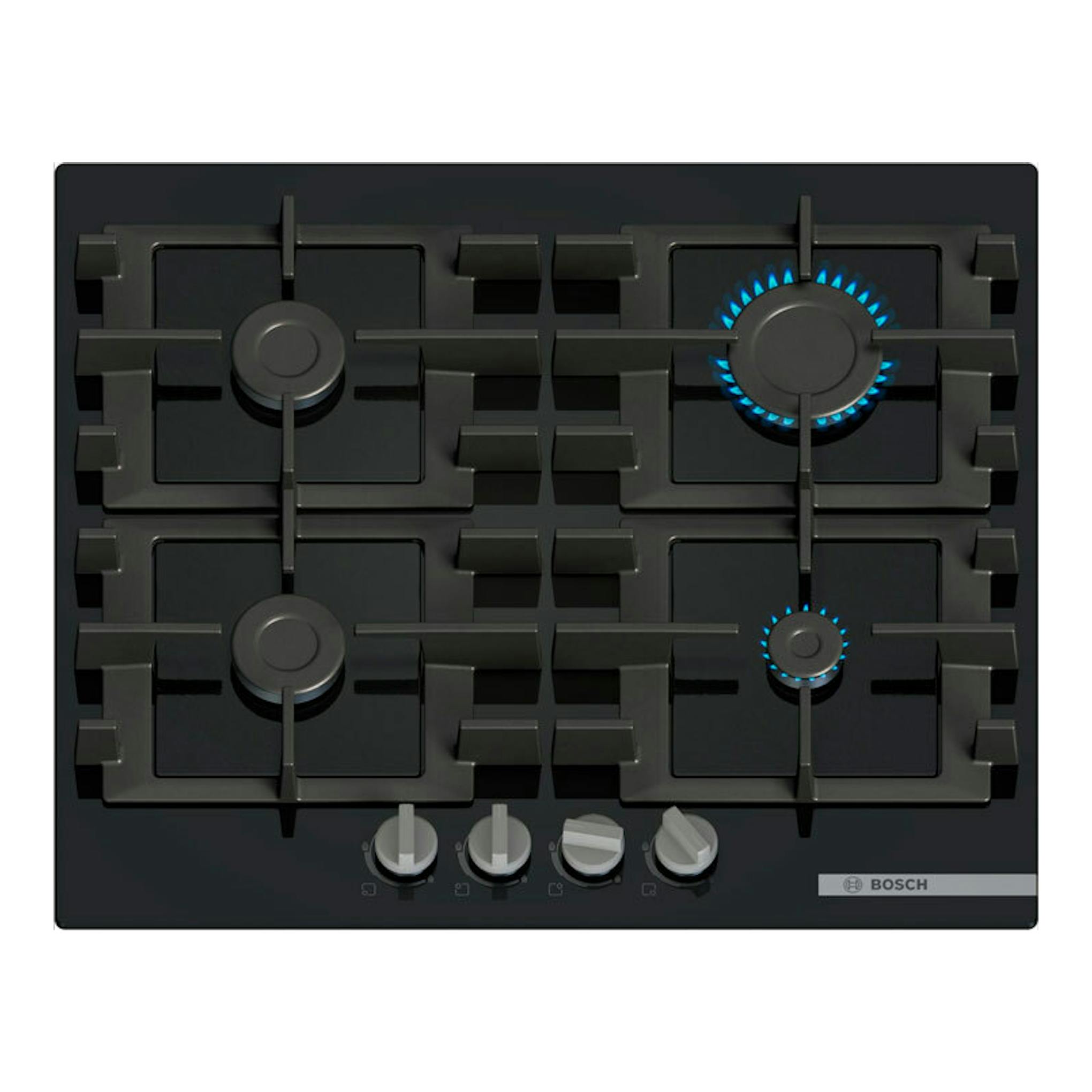 Placa de gas Bosch PNP6B6K40 negra, vista frontal, con 4 quemadores y mandos frontales.