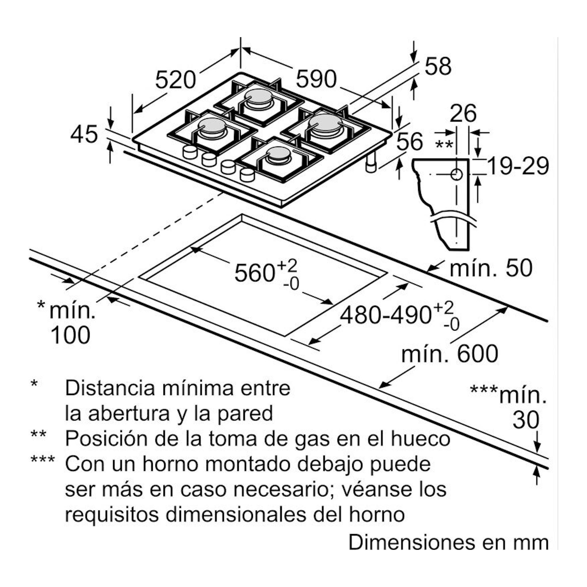 Bosch PNP6B6K40: esquema técnico de placa de gas 60 cm en vista isométrica con medidas de instalación.