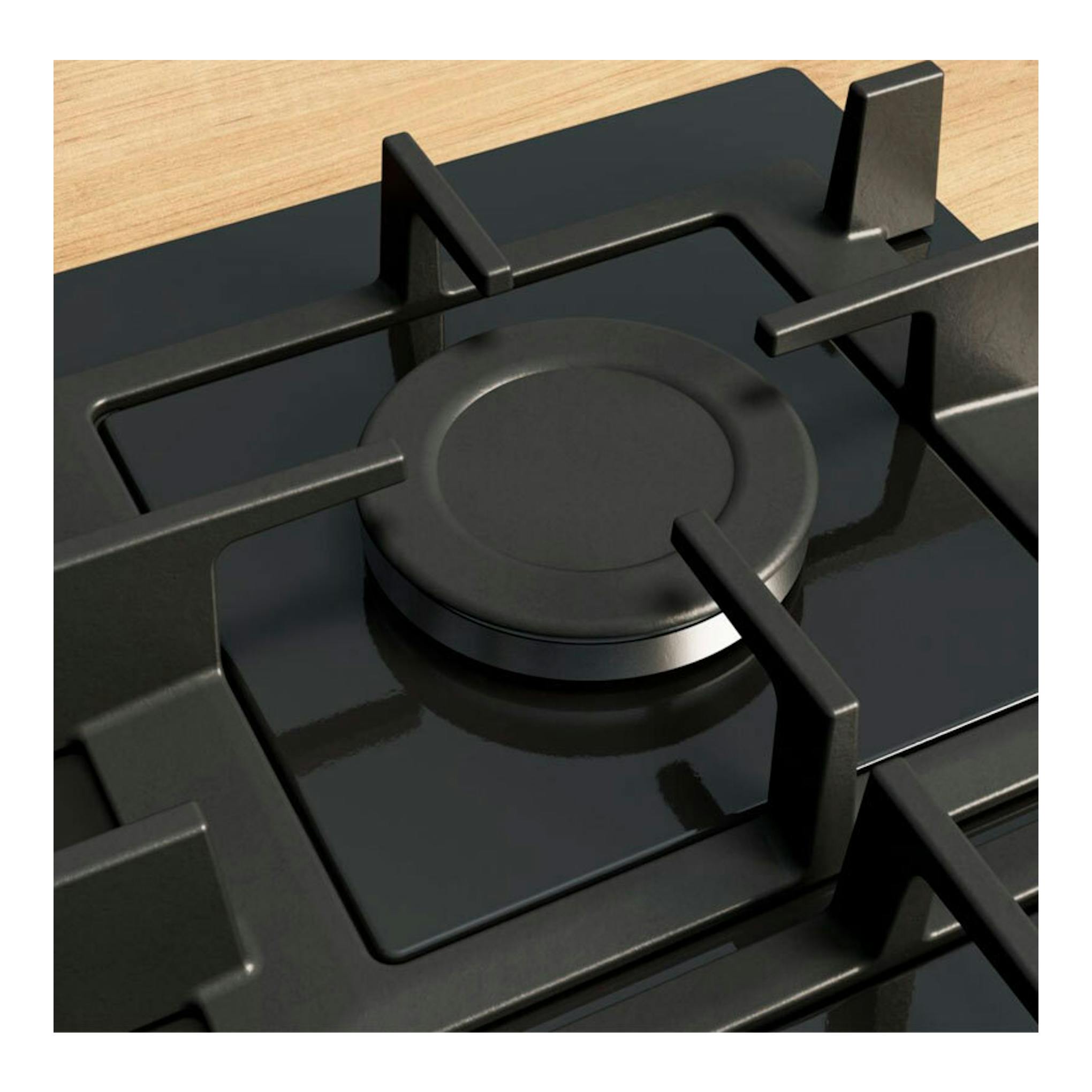 Placa de gas Bosch PNP6B6K40 de cristal negro, vista en primer plano con quemador central y parrillas de hierro.