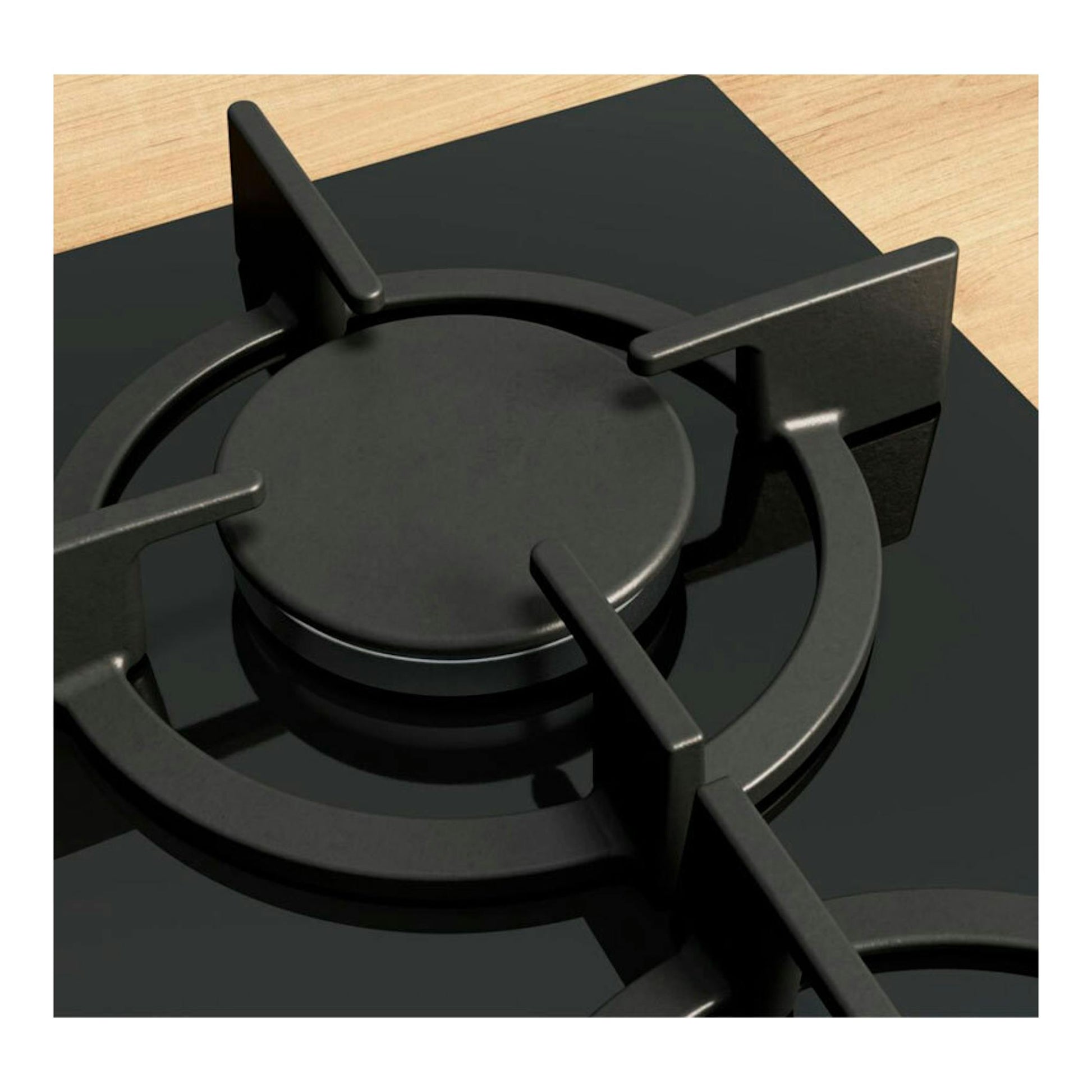 Placa de gas Bosch PPC6A6I10 negra de cristal, vista en primer plano de un quemador.