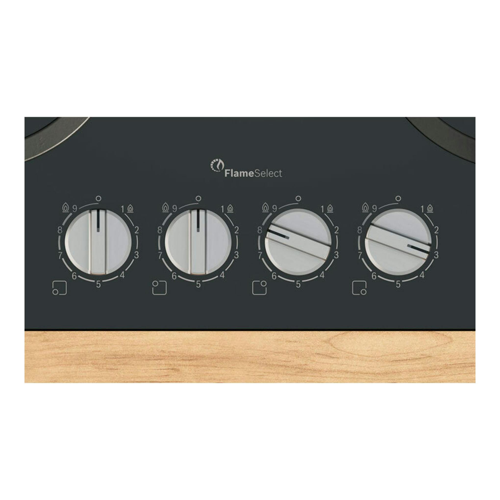 Placa de gas Bosch PPH6A6I10 negra, vista frontal parcial, con cuatro mandos plateados y FlameSelect.