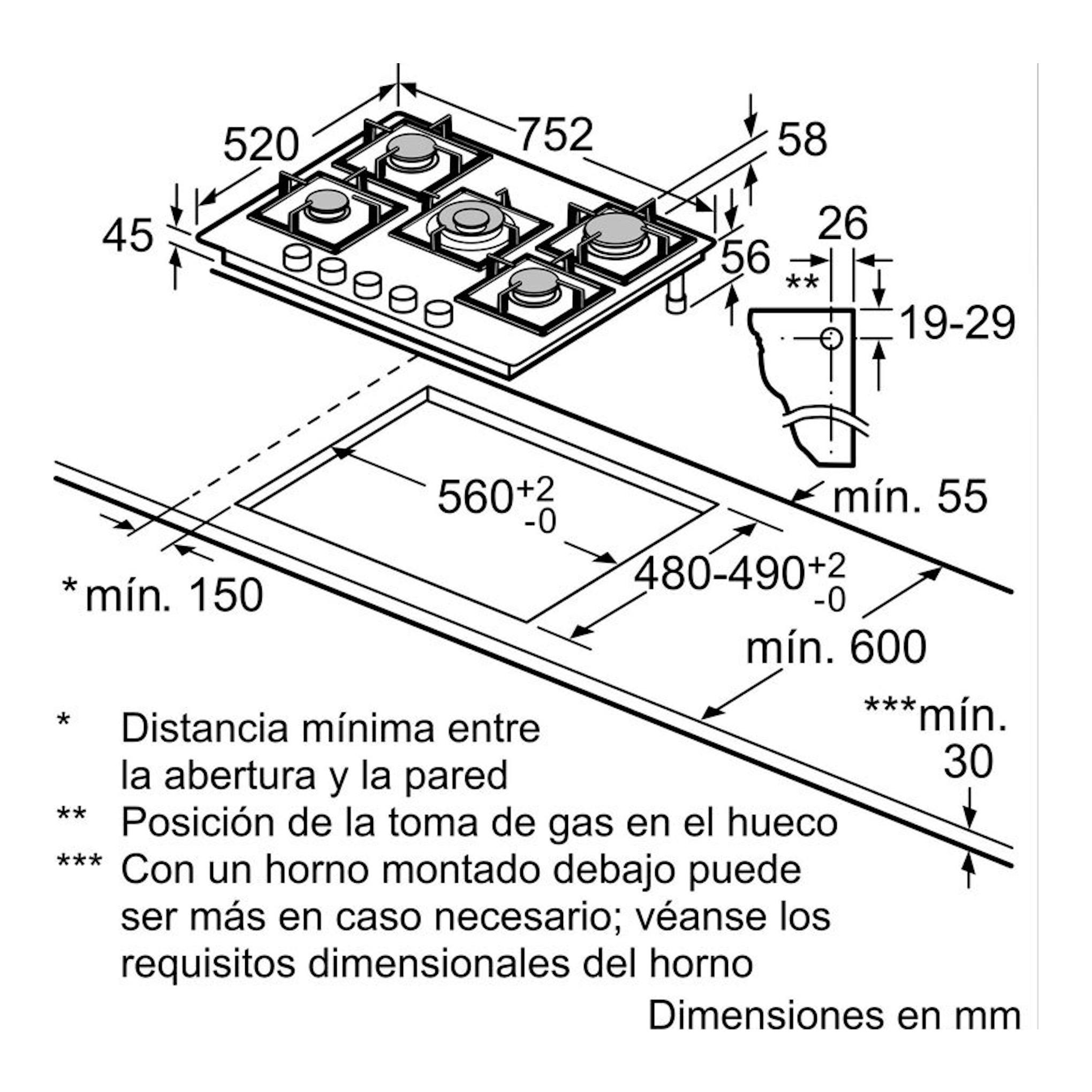 Diagrama de instalación de placa Bosch PPQ7A6I40, vista técnica en negro con medidas en mm.