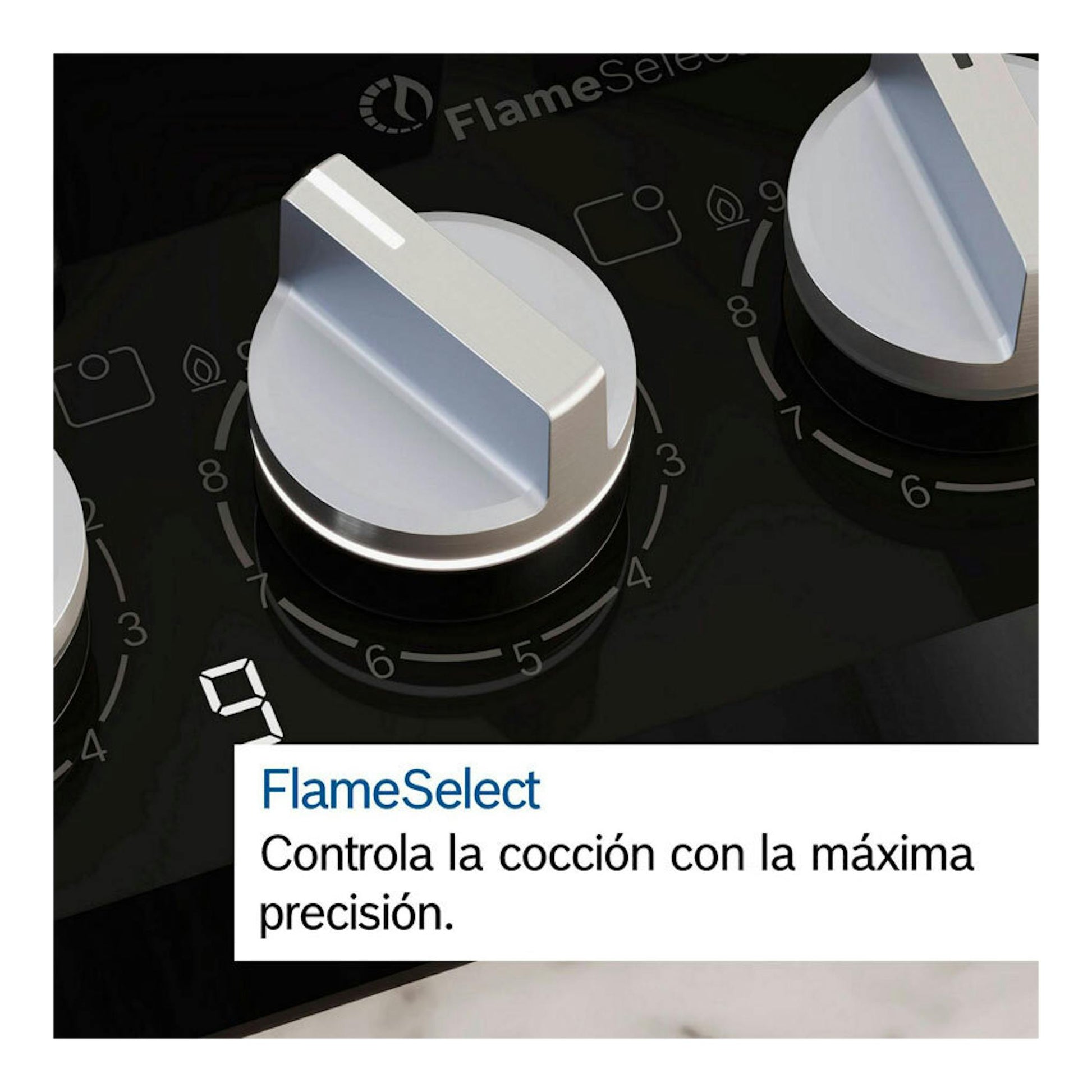 Placa de gas Bosch PRA3A6I10 negra, vista en primer plano de mandos FlameSelect.
