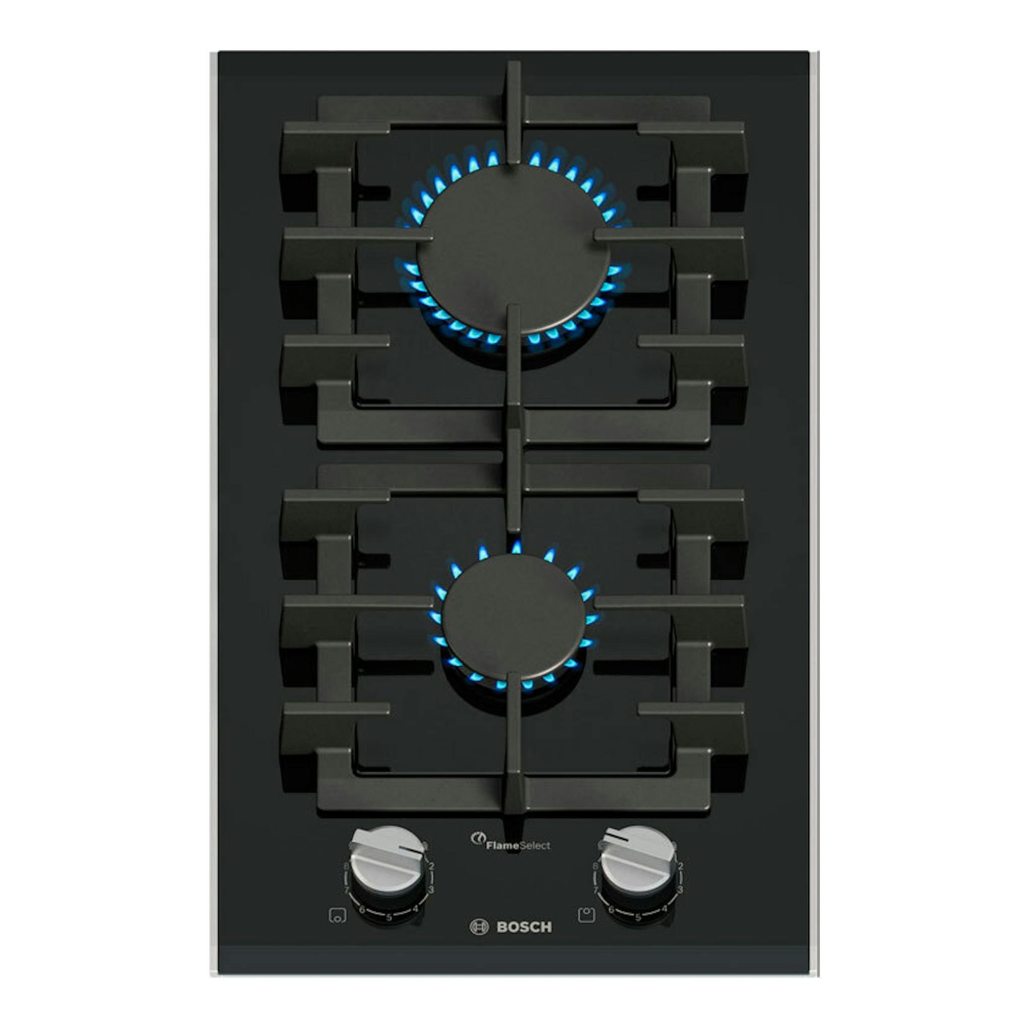 Placa de gas Bosch PRB3A6I40 de cristal negro, vista frontal, con 2 quemadores y mandos plateados.