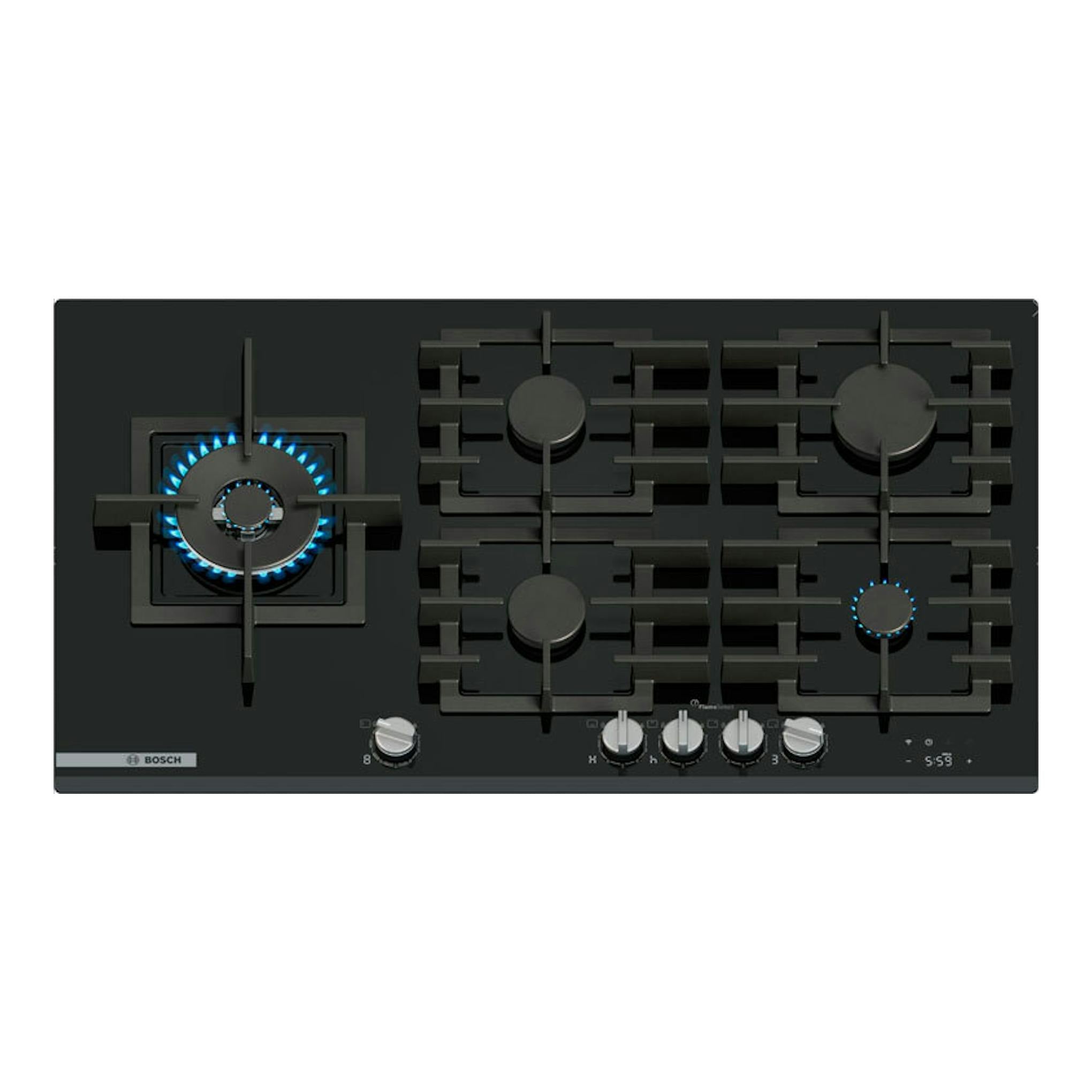 Placa de gas Bosch PRS9A6H40 de cristal negro, vista frontal, con 5 fuegos y mandos inferiores.