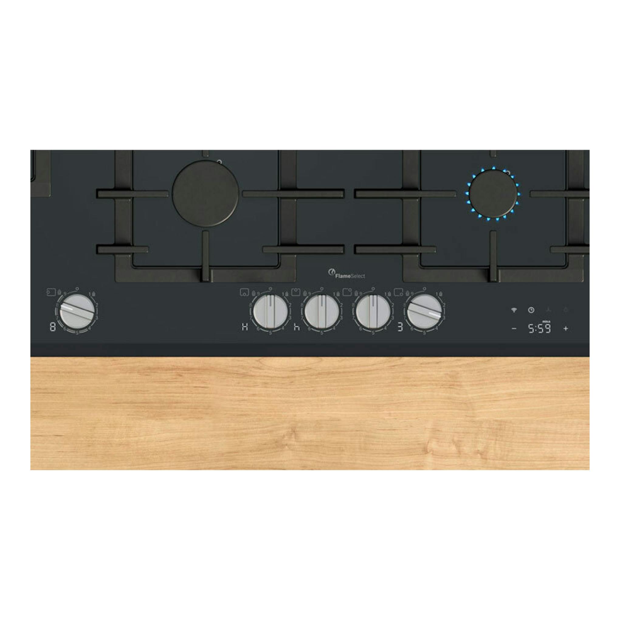Placa de gas Bosch PRS9A6H40 negra, vista superior, con cuatro fuegos y mandos frontales sobre encimera de madera.