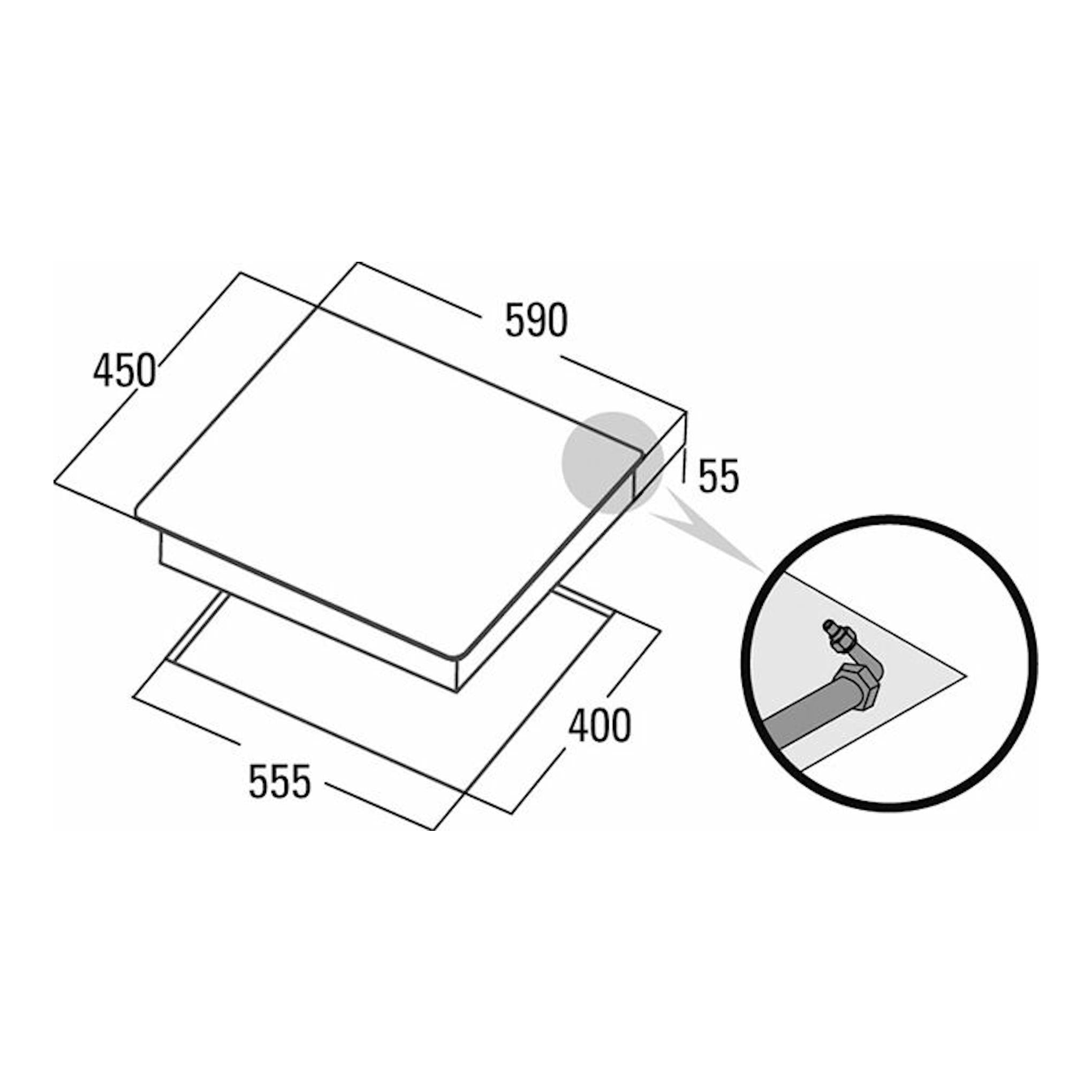 Diagrama técnico de placa de cristal Cata CCI 5003 BK en vista isométrica, con medidas 590x450x55 mm.