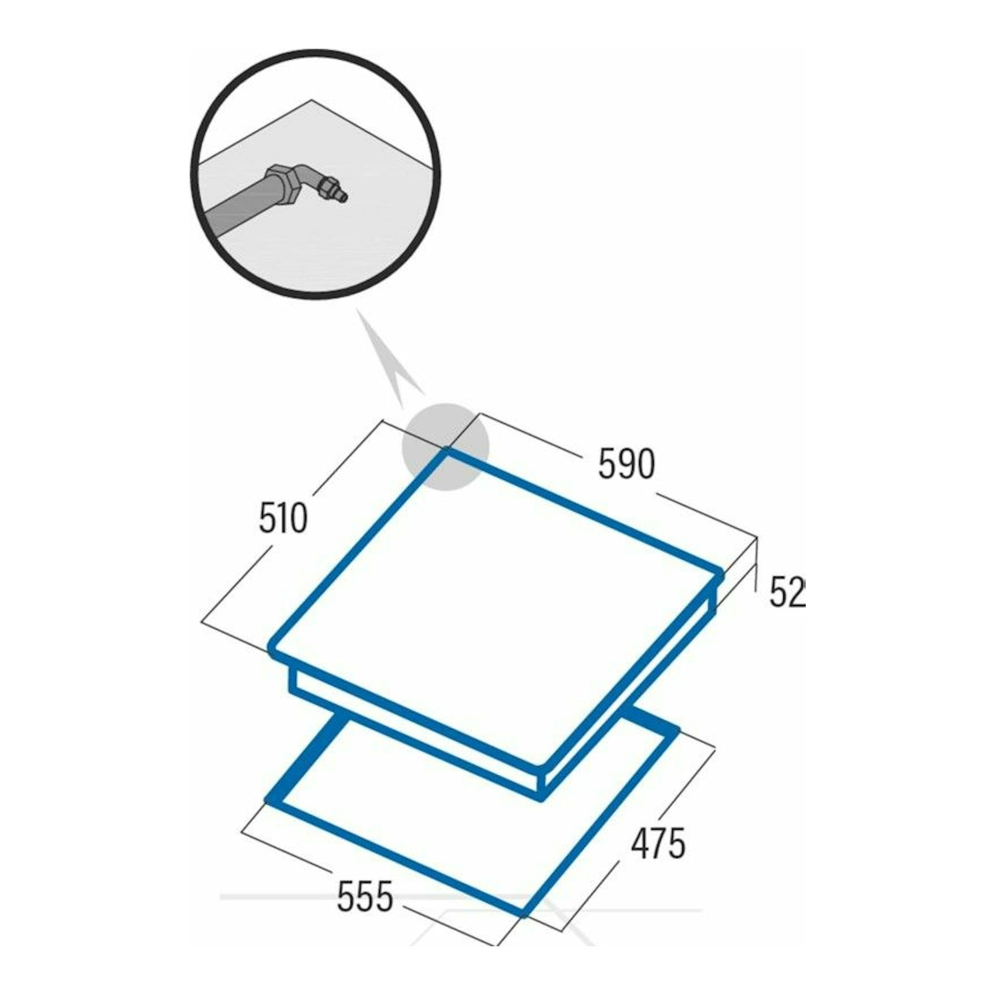 Esquema de placa de cristal Cata CCI6021BK en vista isométrica, con contorno azul y medidas 590x510 mm.