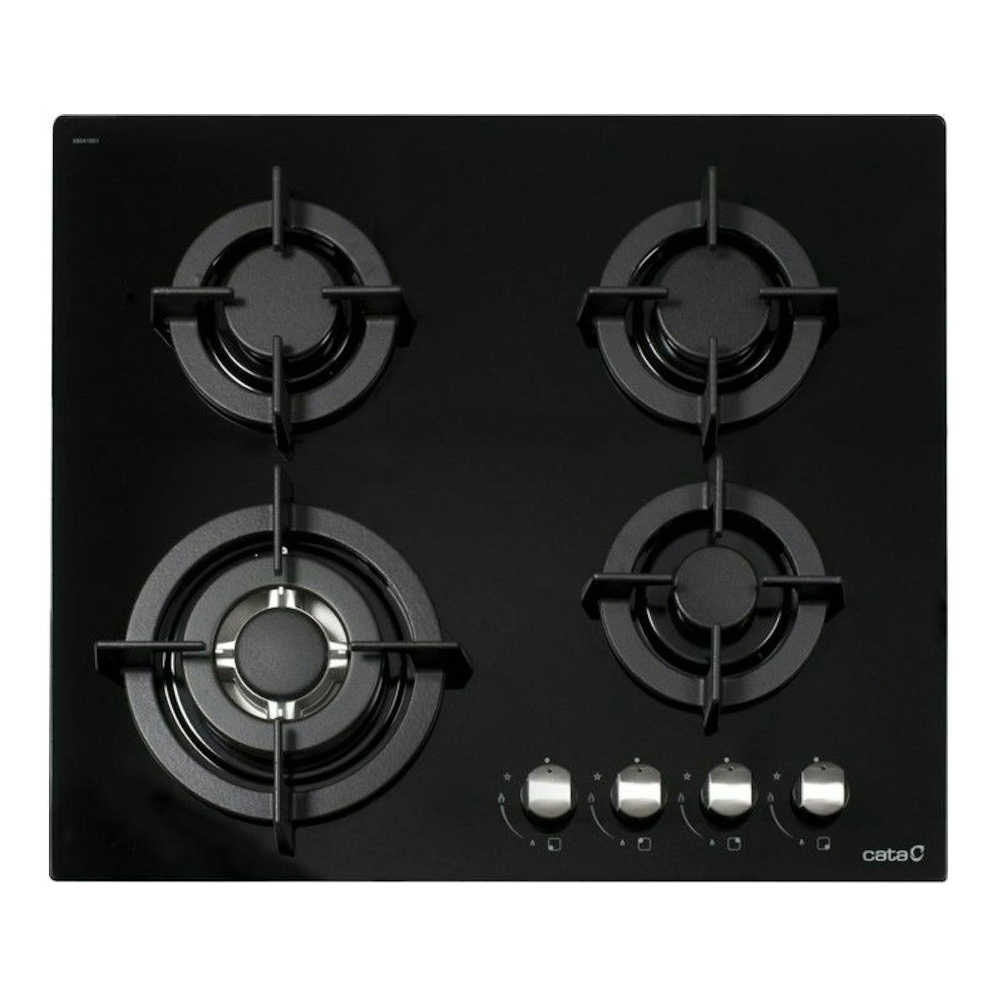 Placa de gas Cata CCI6031BK de cristal negro, vista frontal, con 4 quemadores y mandos plateados.