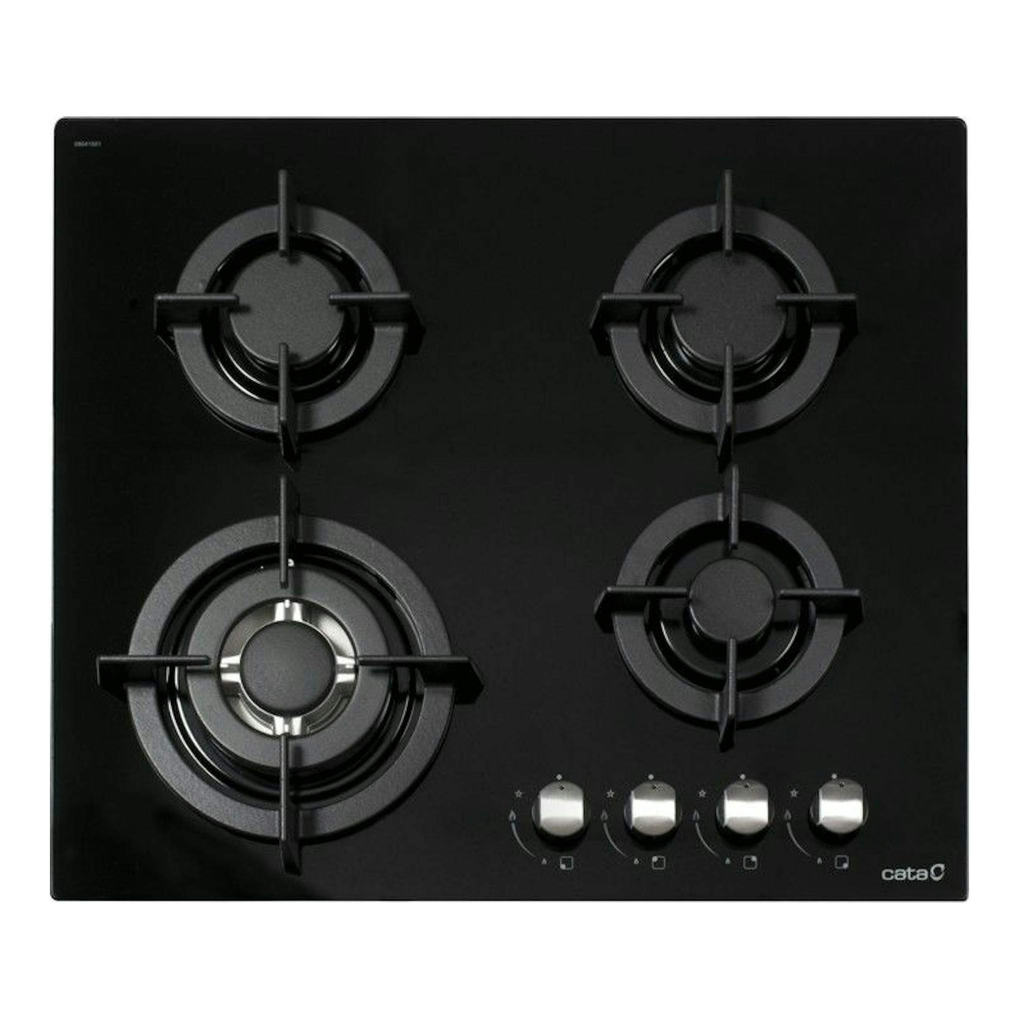 Placa de gas Cata CCI6031BK de cristal negro, vista frontal, con 4 quemadores y mandos plateados.