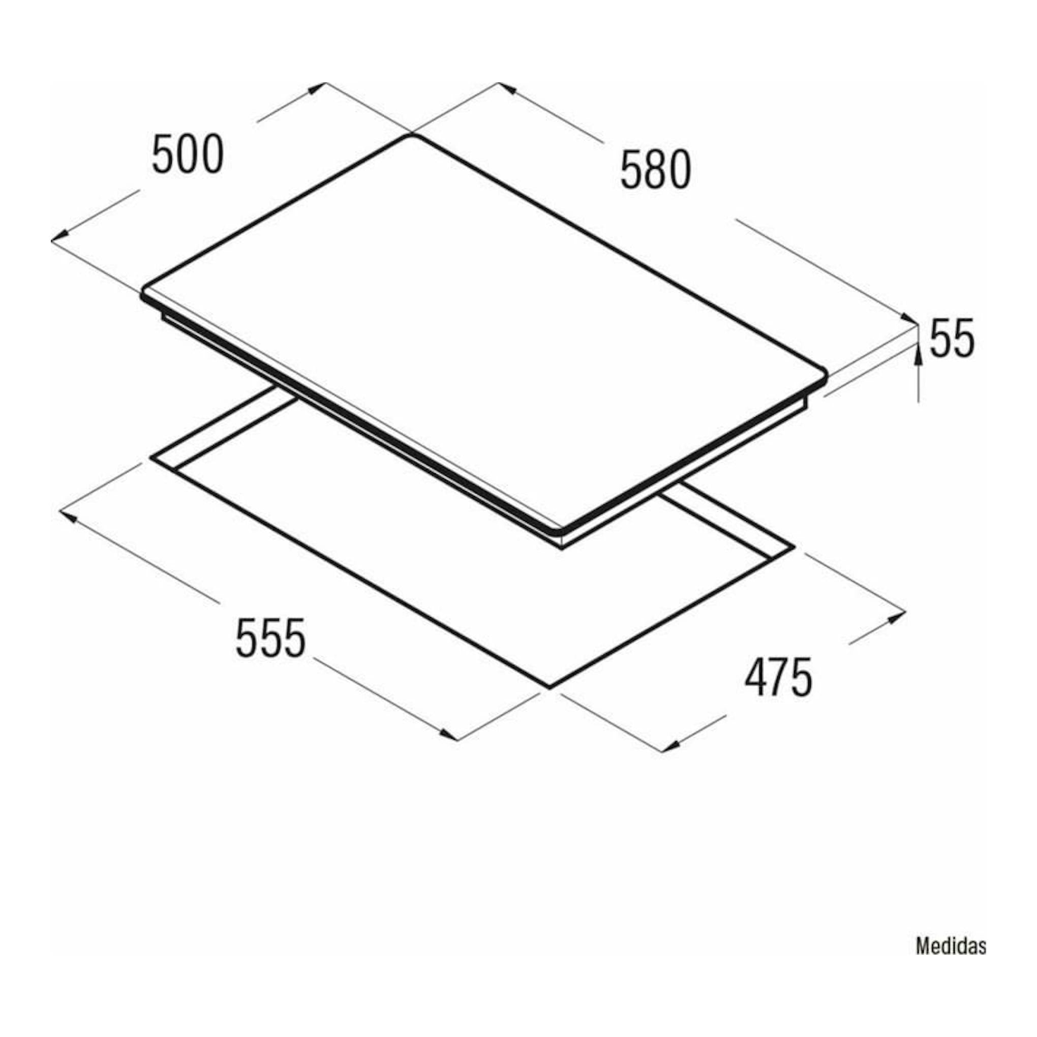 Cata LCI6021BK: vista isométrica de placa de cristal negra con medidas 580x500 mm y hueco 555x475 mm.