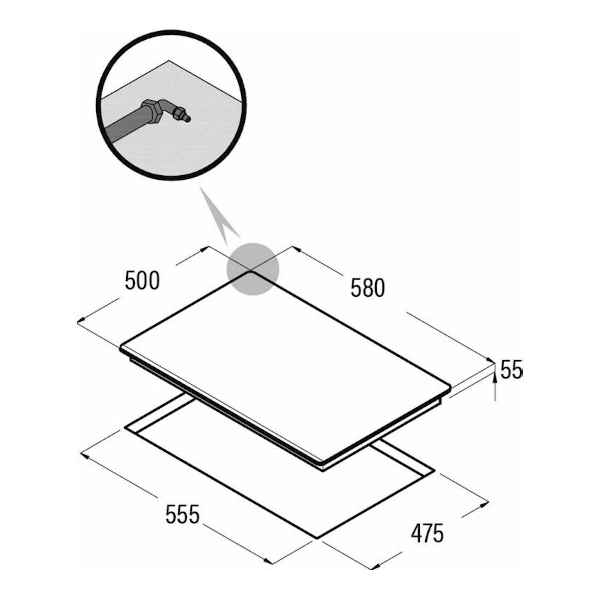 Cata LCIB6021BK: placa de cristal negra en vista isométrica con medidas 580x500 mm y hueco 555x475 mm.