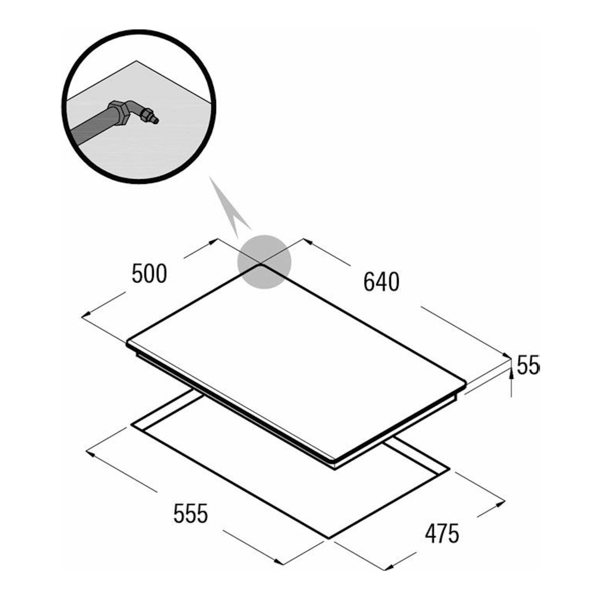 Cata LCIB6031BK: placa de cristal negra en vista isométrica con medidas 640x500 mm y hueco 555x475 mm.