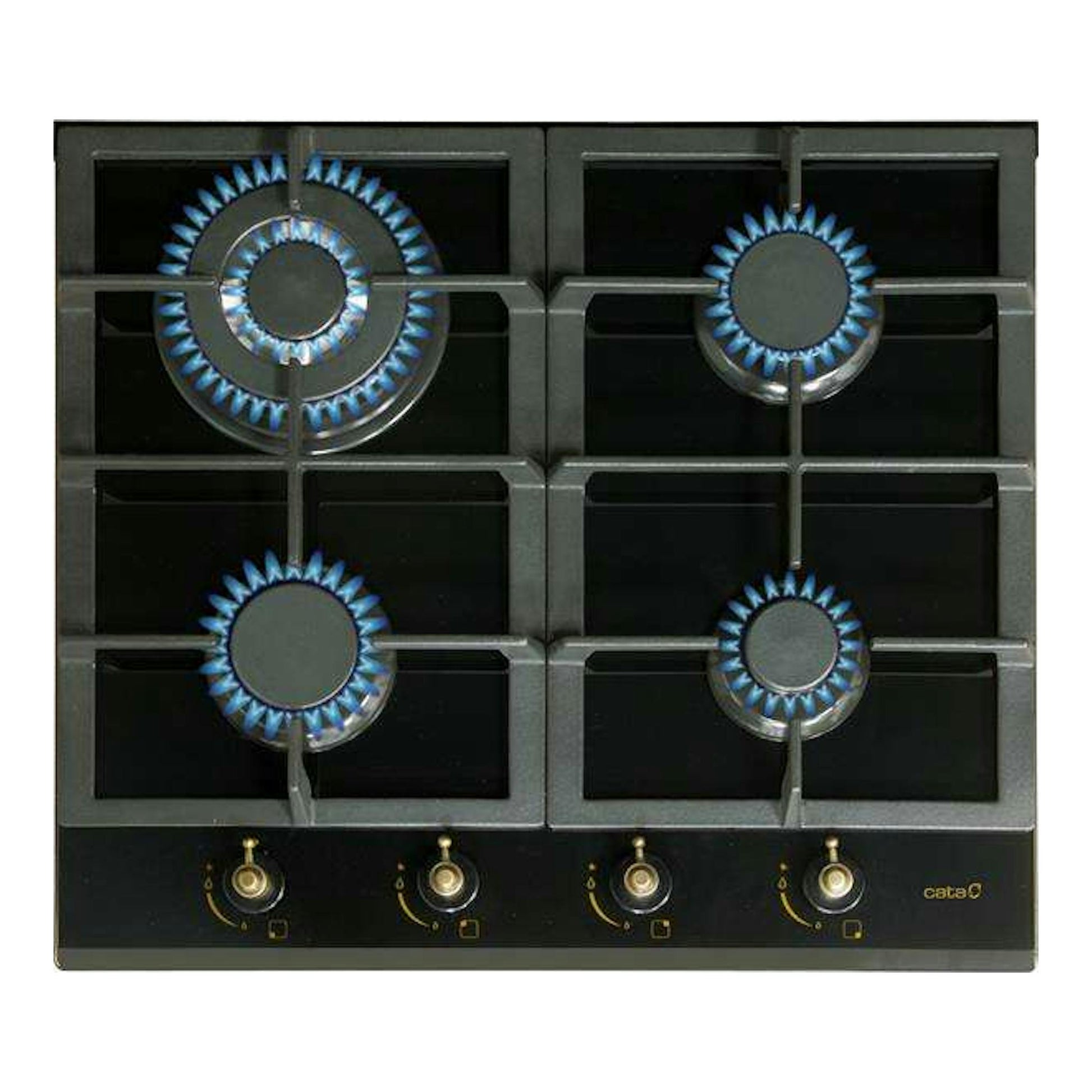 Placa de gas Cata RCI631BK negra, vista frontal, con cuatro quemadores y mandos inferiores.
