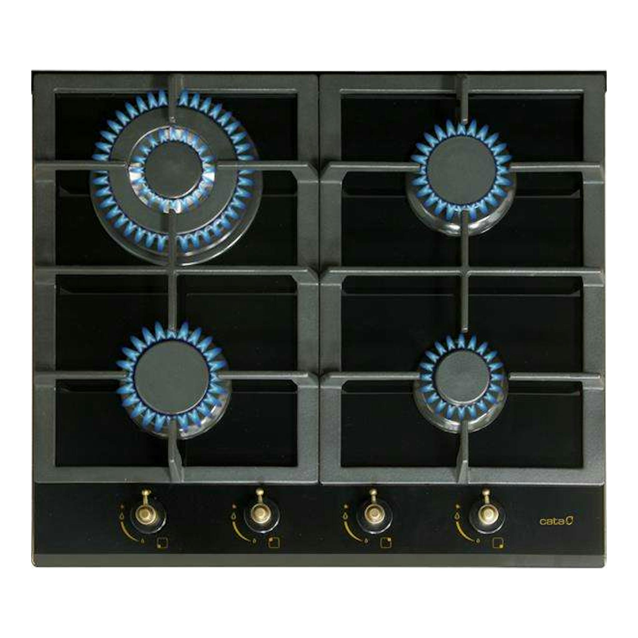 Placa de gas Cata RCI631BK negra, vista frontal, con cuatro quemadores y mandos inferiores.