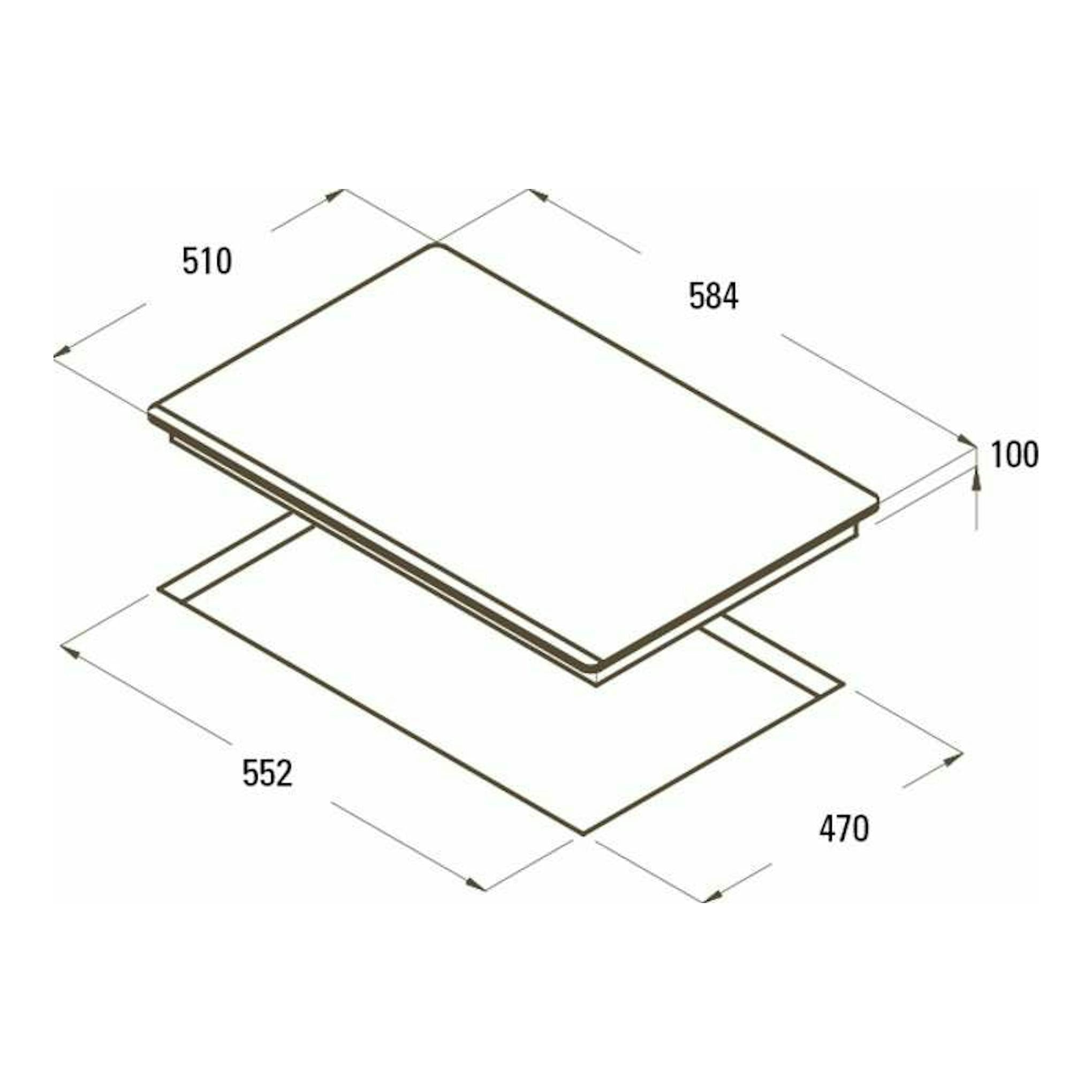 Placa de cristal Cata RCI631BK en vista isométrica con medidas 584 x 510 mm y recorte 552 x 470 mm.