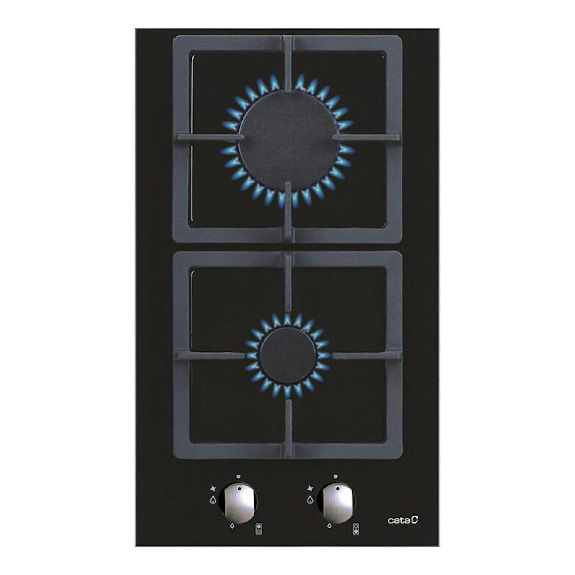 Placa de cristal negra Cata SCI 3002 BK, vista frontal, con dos quemadores y dos mandos.