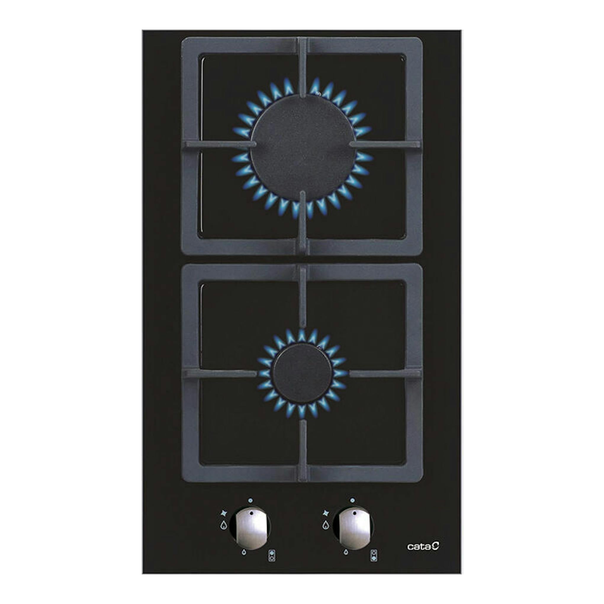 Placa de cristal negra Cata SCI 3002 BK, vista frontal, con dos quemadores y dos mandos.