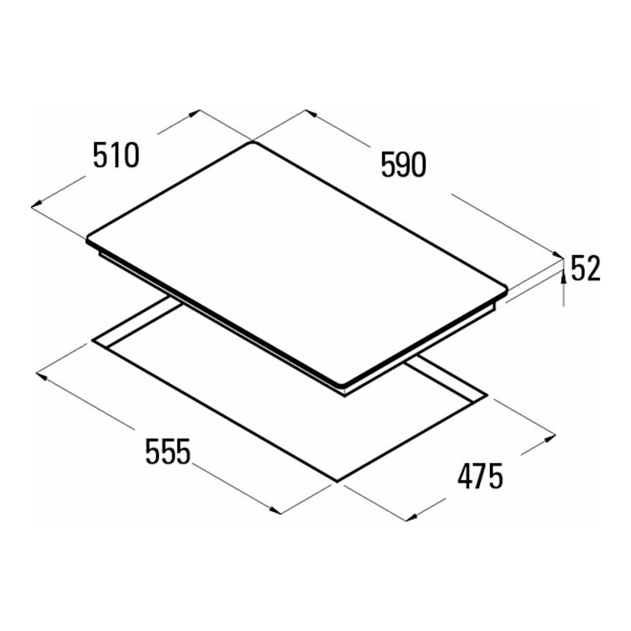 Placa de cristal negra Cata SCI6021 BK, vista isométrica con medidas 590x510 mm y hueco 555x475 mm.