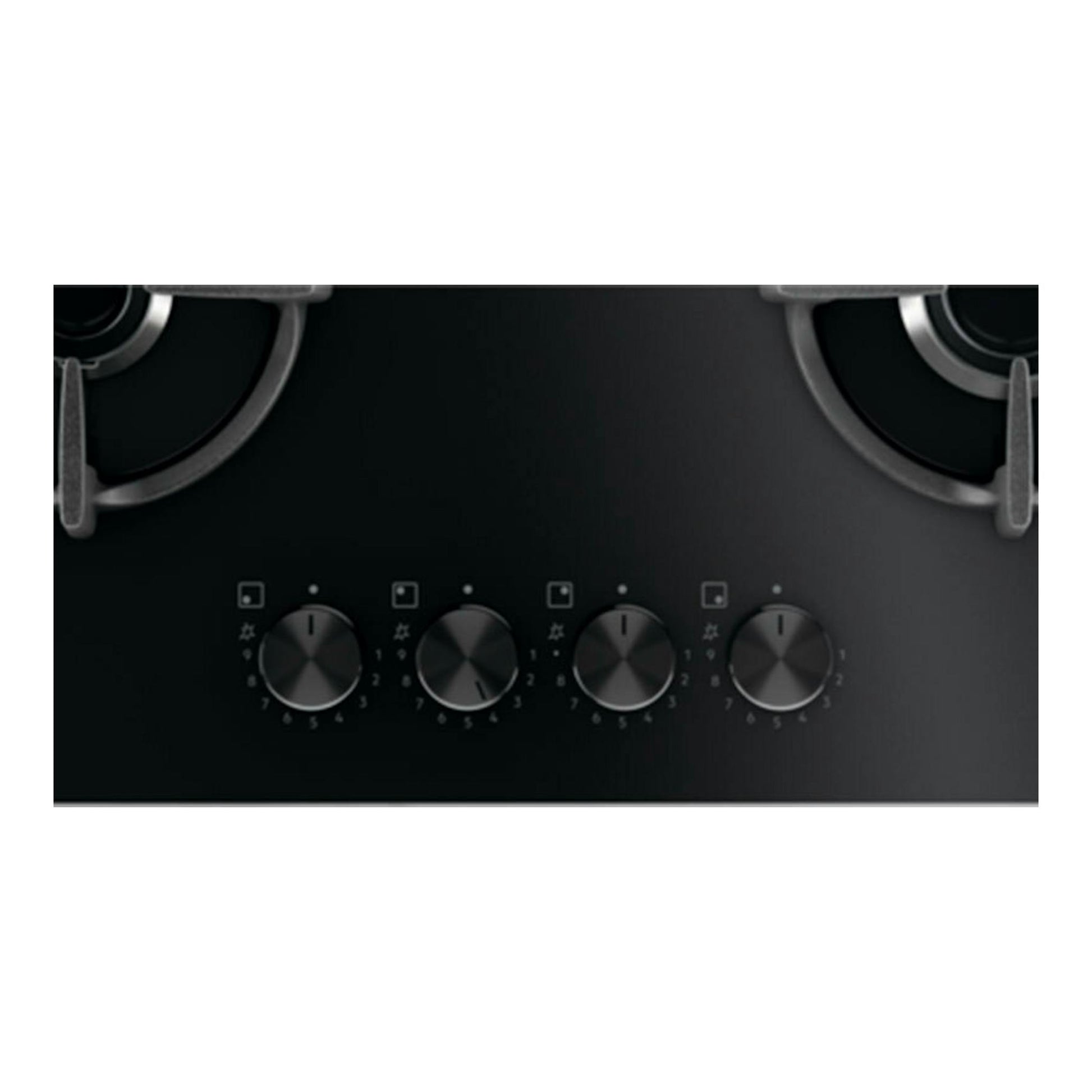 Placa de gas Electrolux EGG64272K de cristal negro, vista frontal, con cuatro mandos y quemadores parciales.