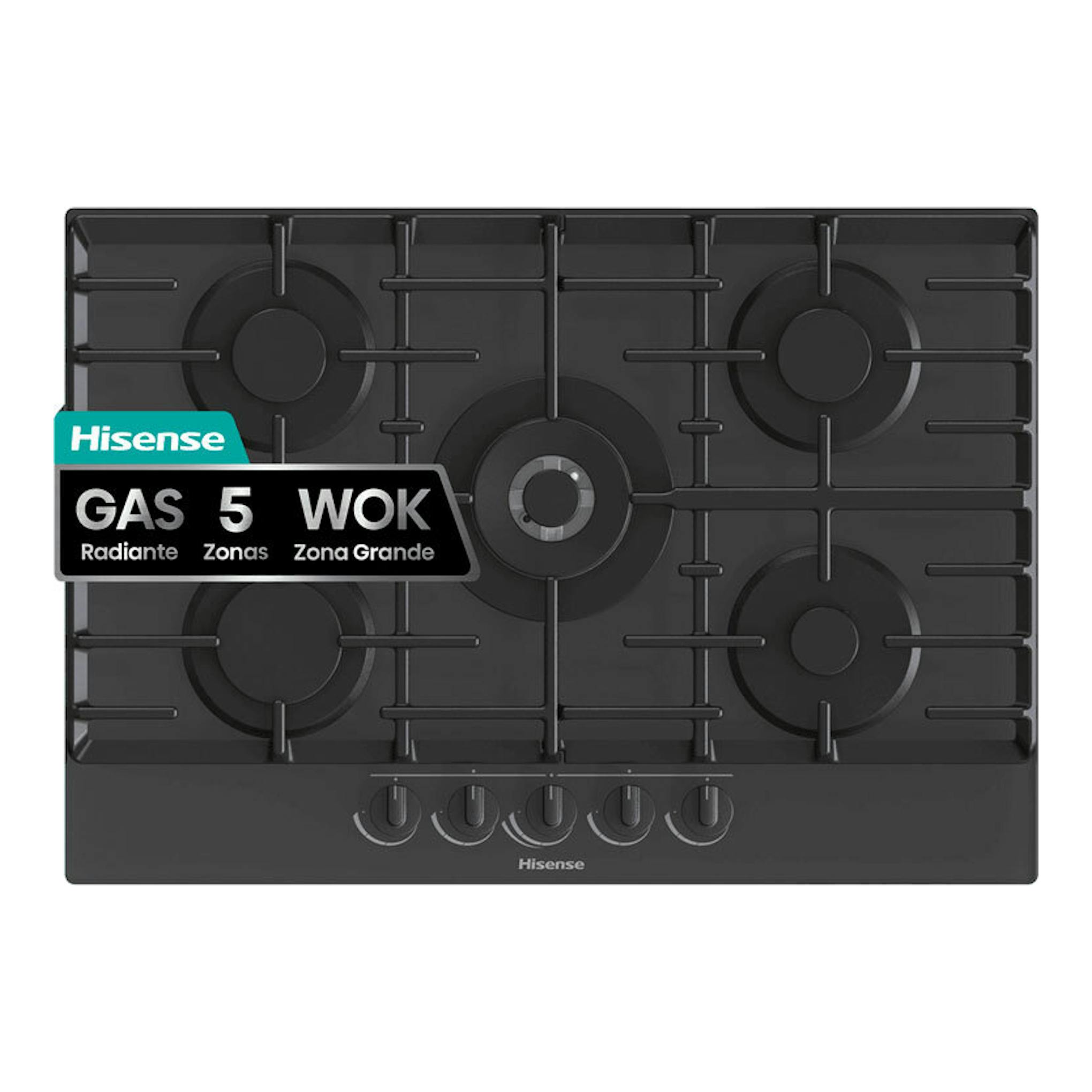 Placa de gas Hisense GG773B negra, vista frontal, con 5 zonas y cinco mandos frontales.