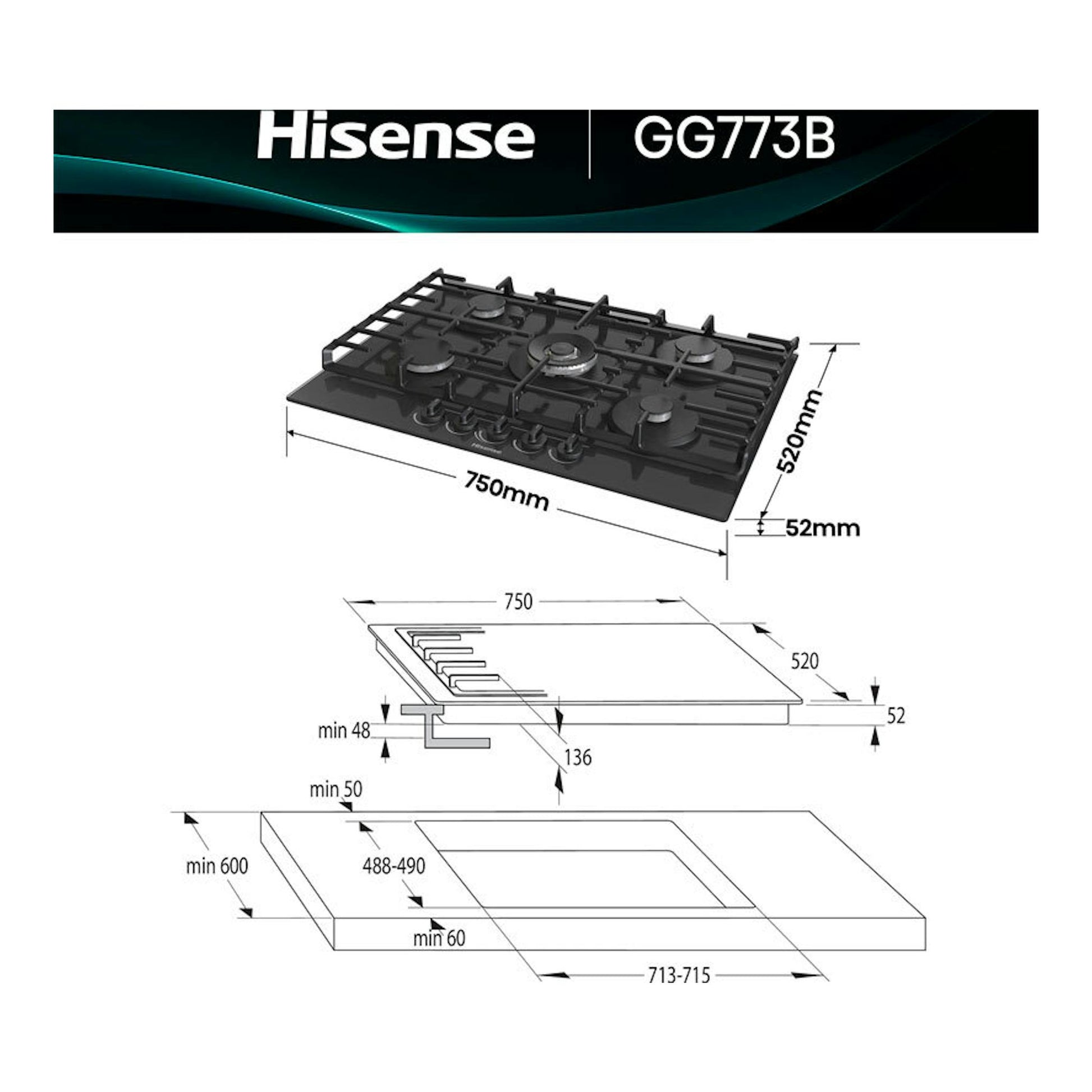Placa de gas de cristal Hisense GG773B negra, vista en perspectiva con medidas 750 x 520 mm y esquema técnico.