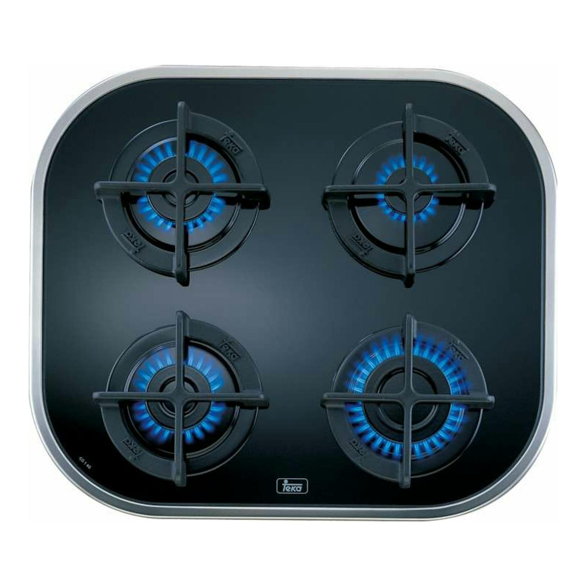 Placa de gas Teka CG.1 4GAIAL Na, vista superior, cristal negro con marco plateado y cuatro quemadores azules.