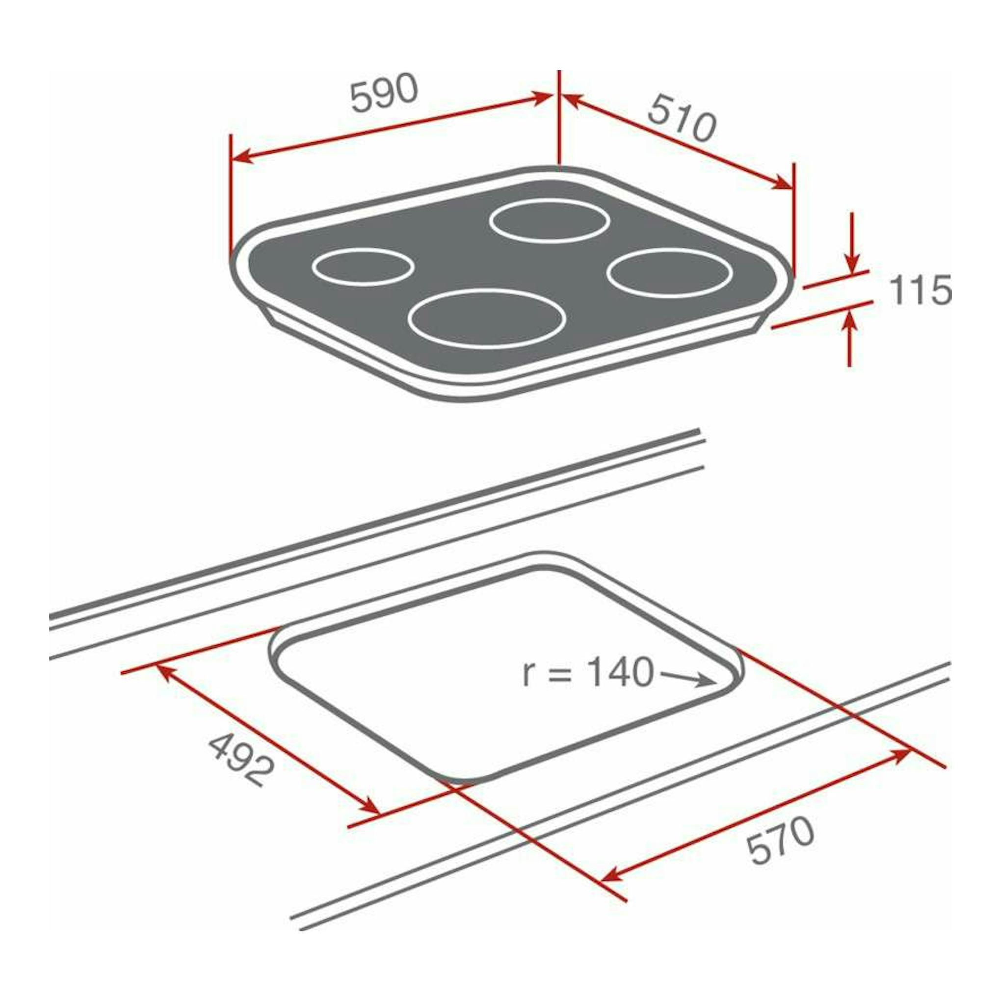 Diagrama de placa de cristal Teka CG.1 4GAIAL Na negra, vista superior y lateral con medidas.