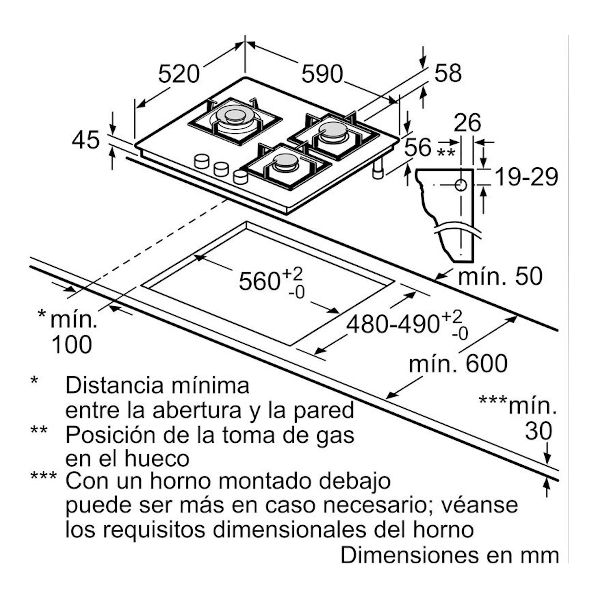 Siemens EP6A6CI10: esquema técnico de placa de gas en cristal negra con medidas de encastre en mm.