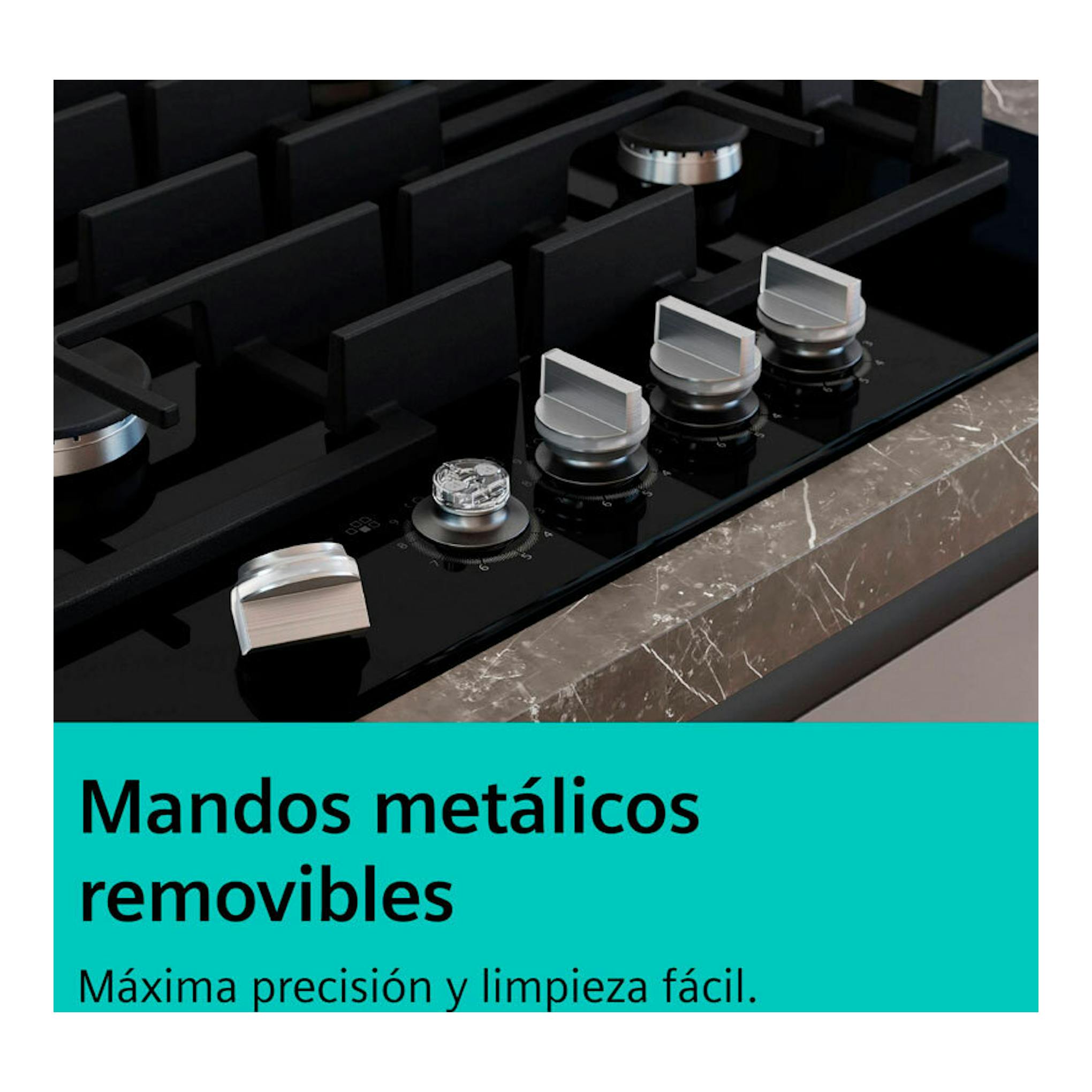 Placa de cristal negra Siemens EP6A6CI10, vista en ángulo con mandos metálicos removibles.