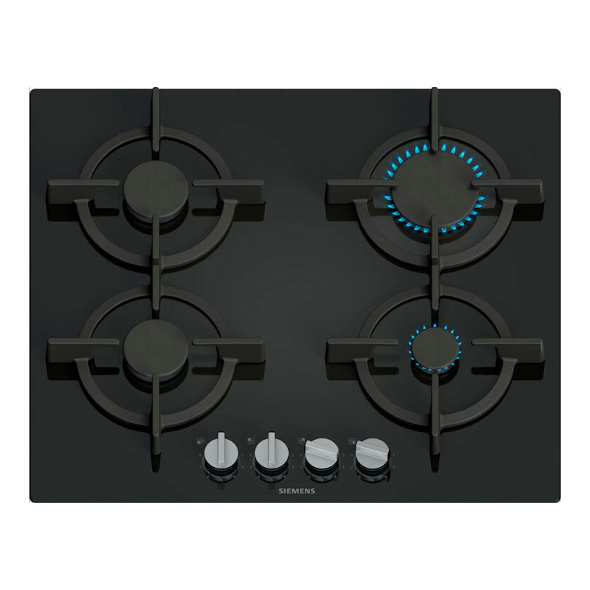 Placa de gas Siemens EP6A6PI10 de cristal negro, vista frontal, con 4 quemadores y dos llamas azules.