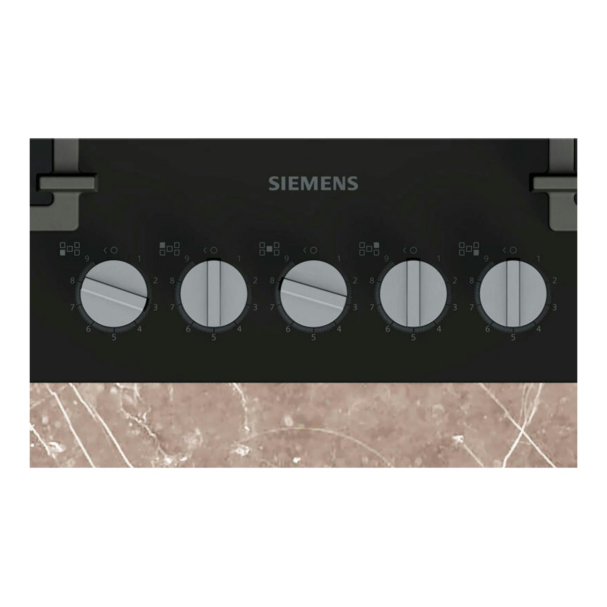 Placa de cristal Siemens EP7A6QI40 negra, vista frontal parcial, con cinco mandos circulares.