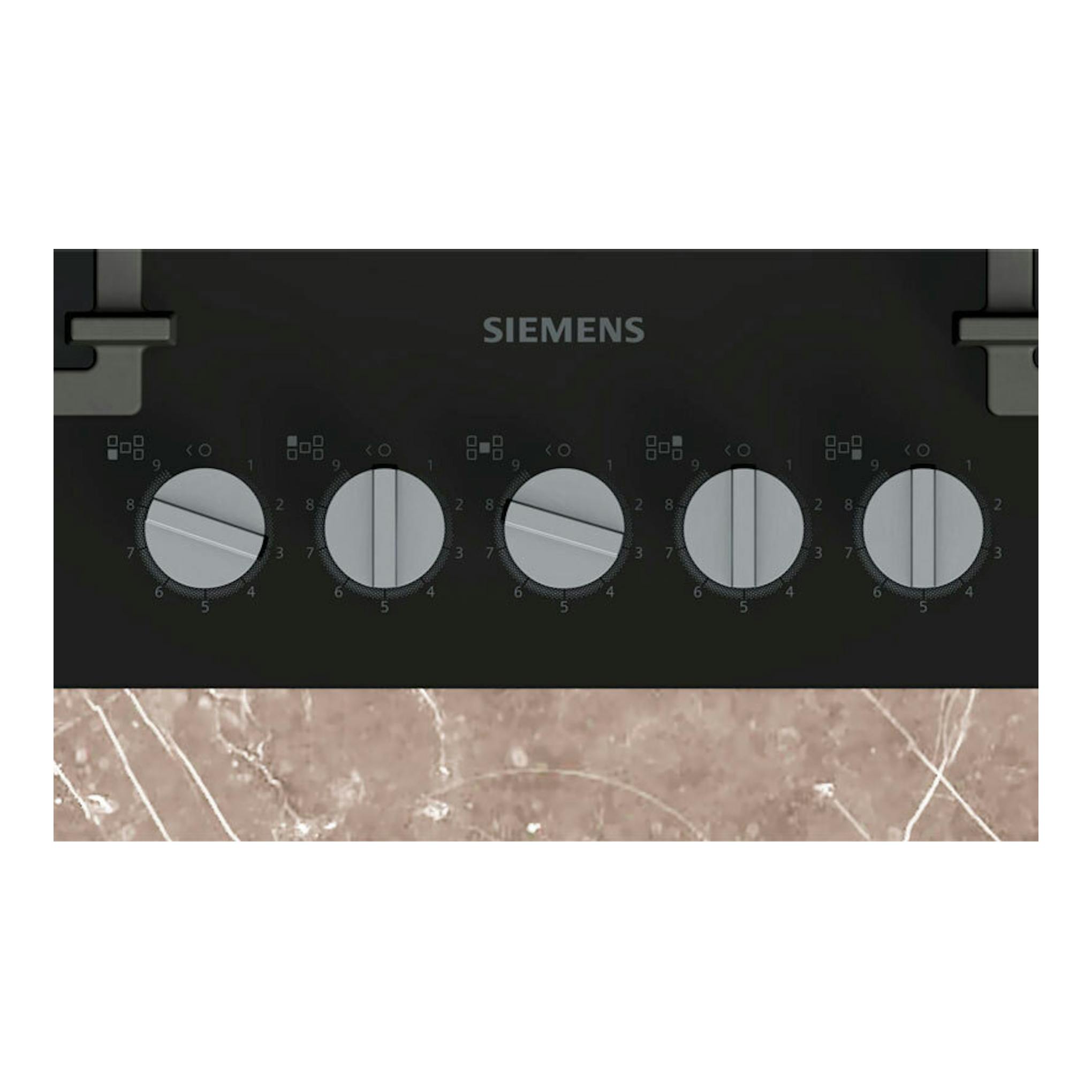 Placa de cristal Siemens EP7A6QI40 negra, vista frontal parcial, con cinco mandos circulares.