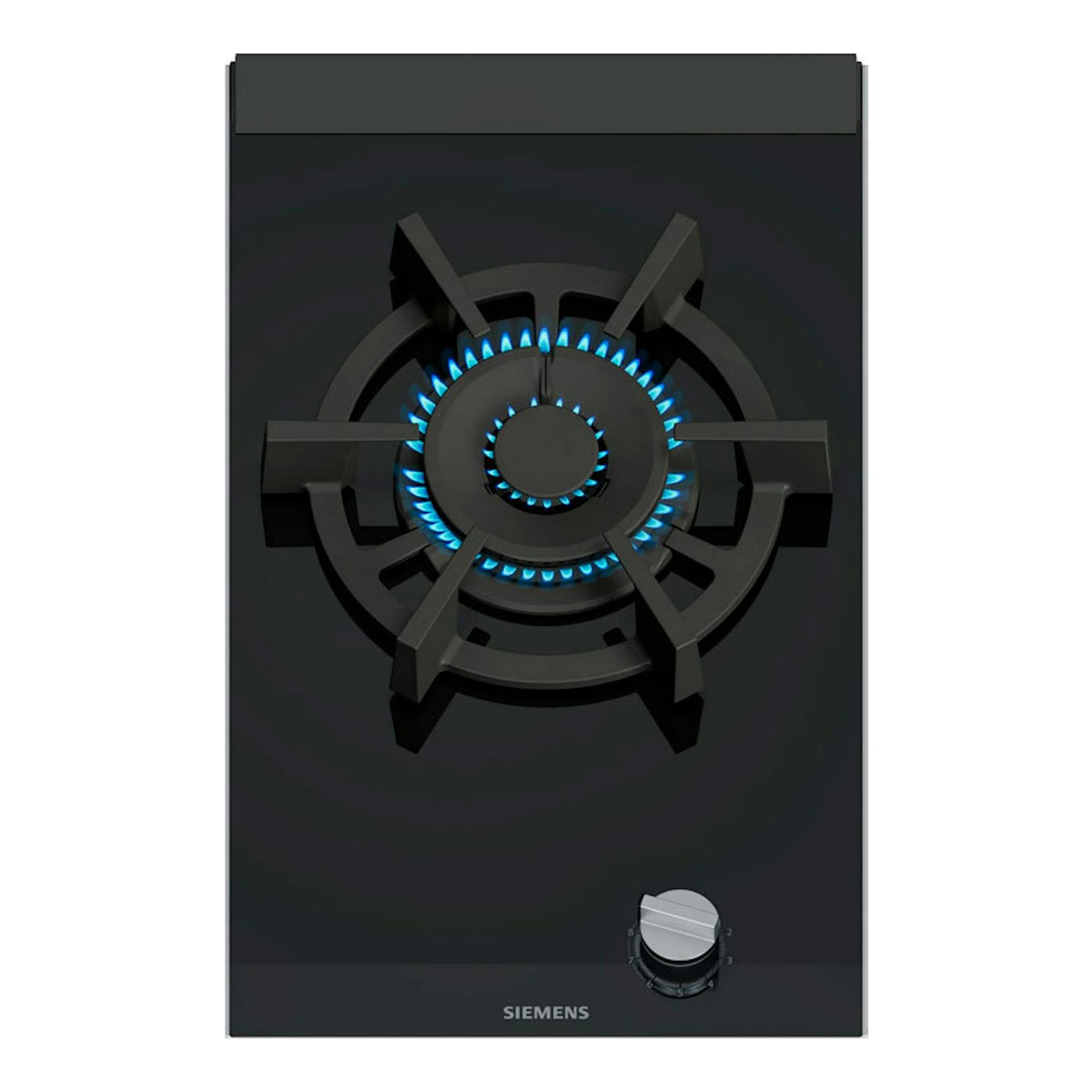 Placa de gas Siemens ER3A6AI10 de 30 cm, negra, vista frontal, con un quemador encendido y mando inferior.