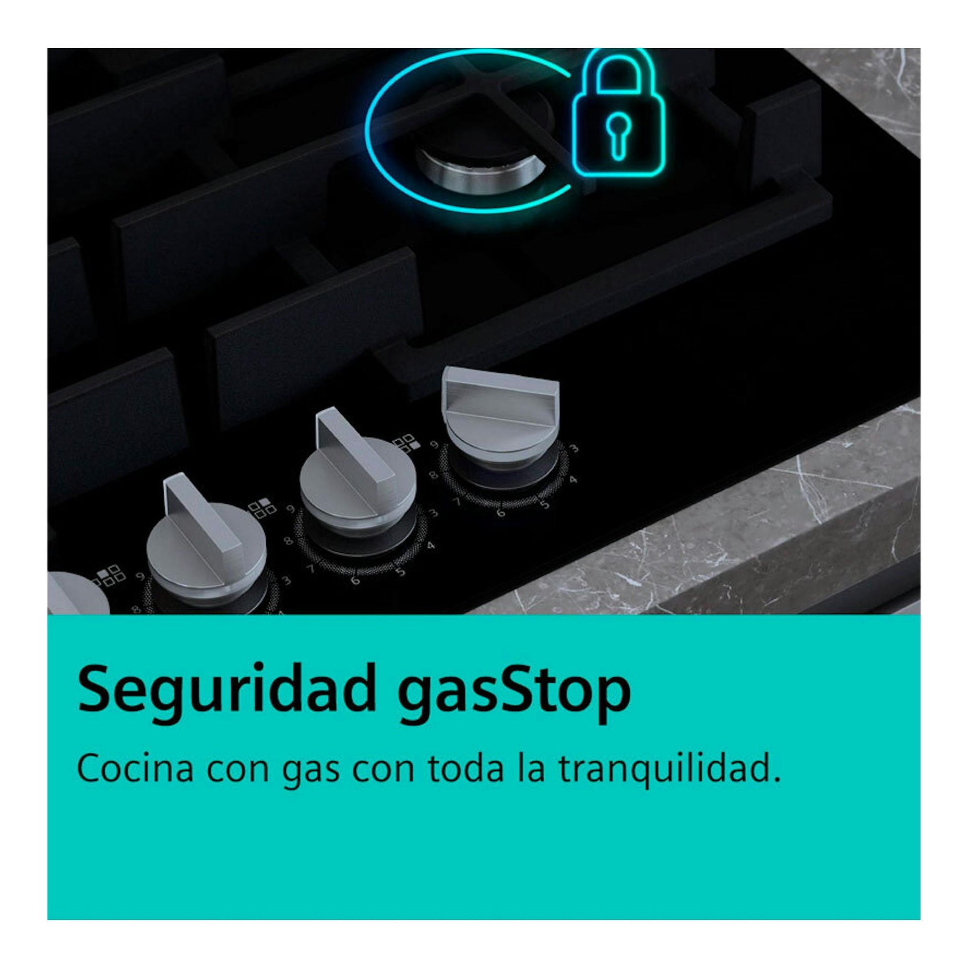 Placa de gas negra Siemens ER3A6AI10, vista en ángulo con mandos y texto gasStop.