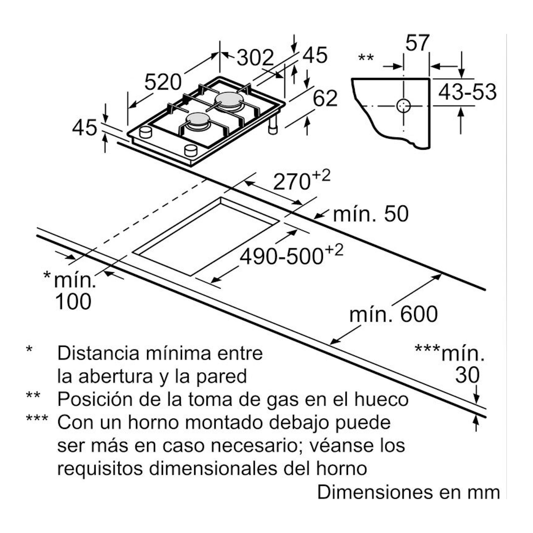 Diagrama técnico de instalación de placa de gas Siemens ER3A6BI40 con medidas y hueco de encastre en mm.