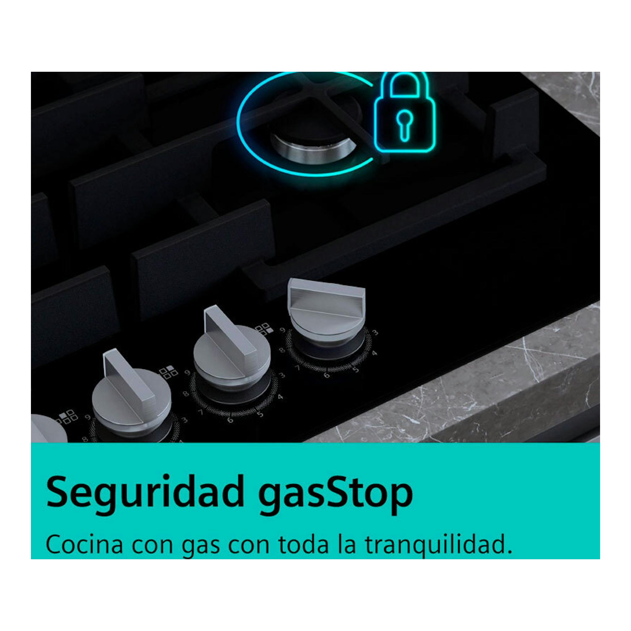 Placa de gas Siemens ER3A6BI40 de cristal negro, vista en ángulo, con mandos plateados y aviso gasStop.