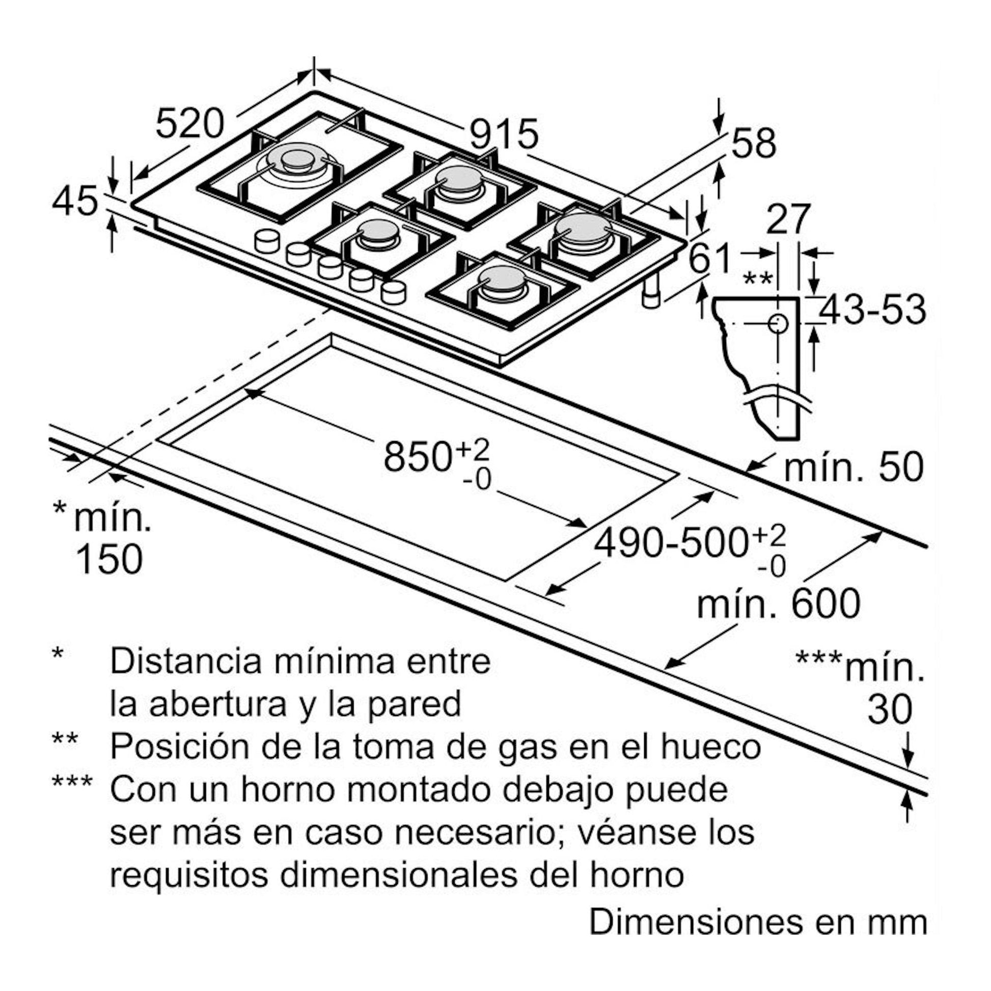 Esquema técnico de la placa de gas Siemens ER9A6SH40, vista en perspectiva con medidas de instalación.