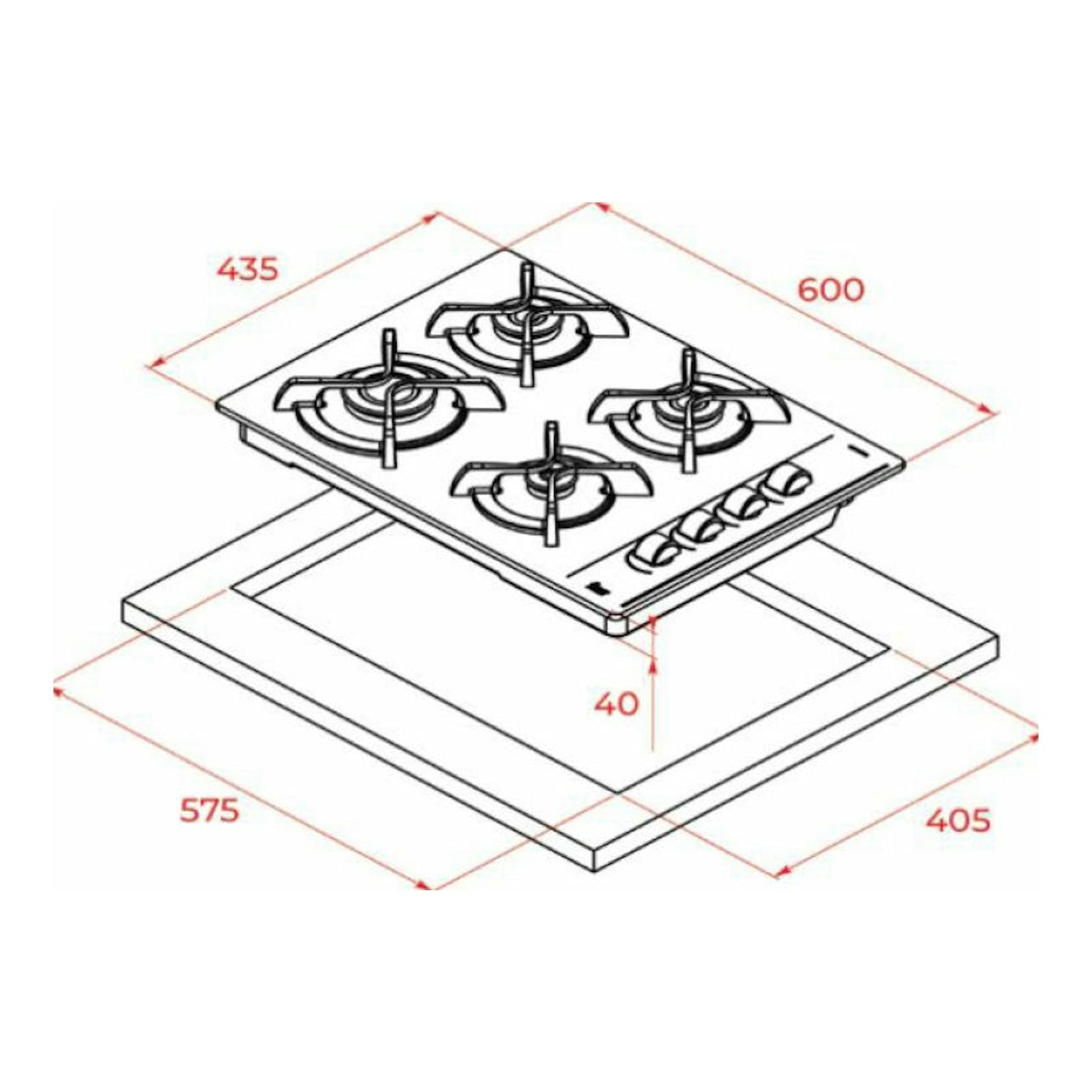Esquema técnico de placa cristal Teka GBC64003KBN, vista en perspectiva, negra, con 4 fuegos y medidas.