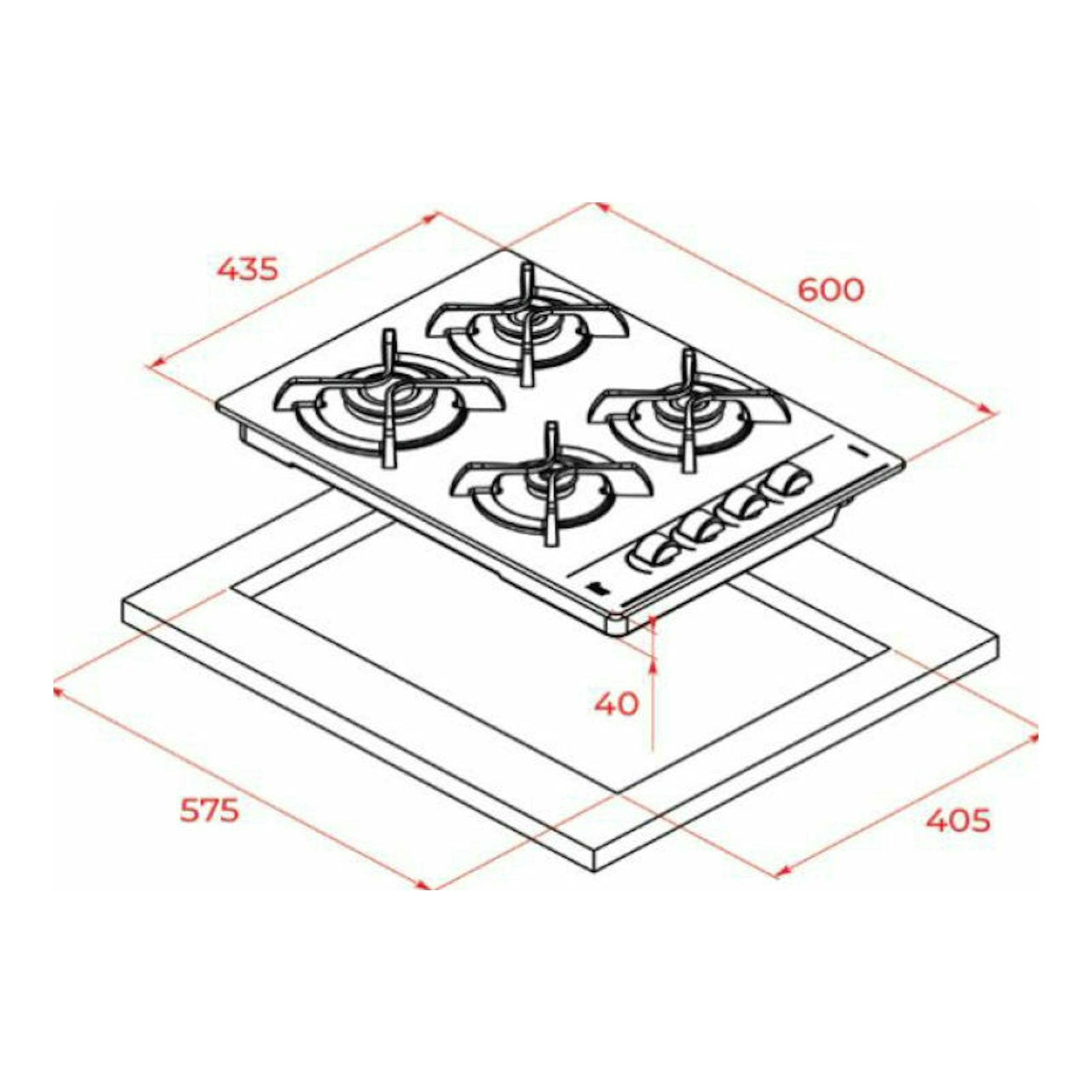 Esquema técnico de placa cristal Teka GBC64003KBN, vista en perspectiva, negra, con 4 fuegos y medidas.