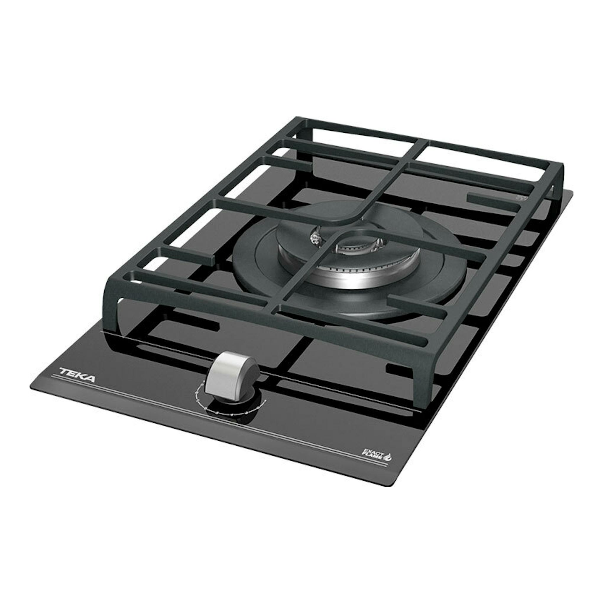 Placa de gas Teka GZC31330XBA en cristal negro, vista en ángulo, con un quemador y parrilla.