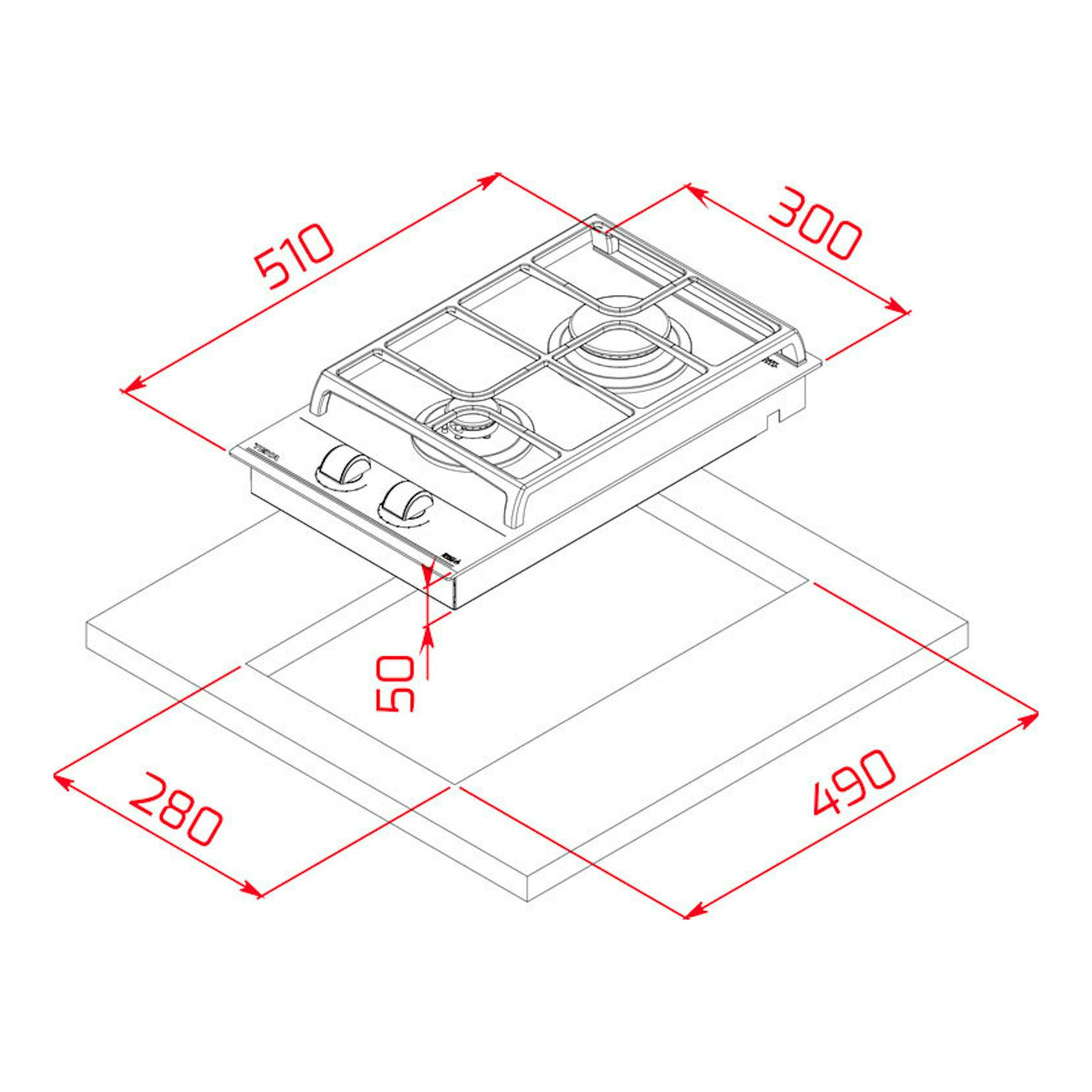 Teka GZC32300XBA: dibujo isométrico de placa de gas con medidas 510x300 mm y hueco 490x280 mm.