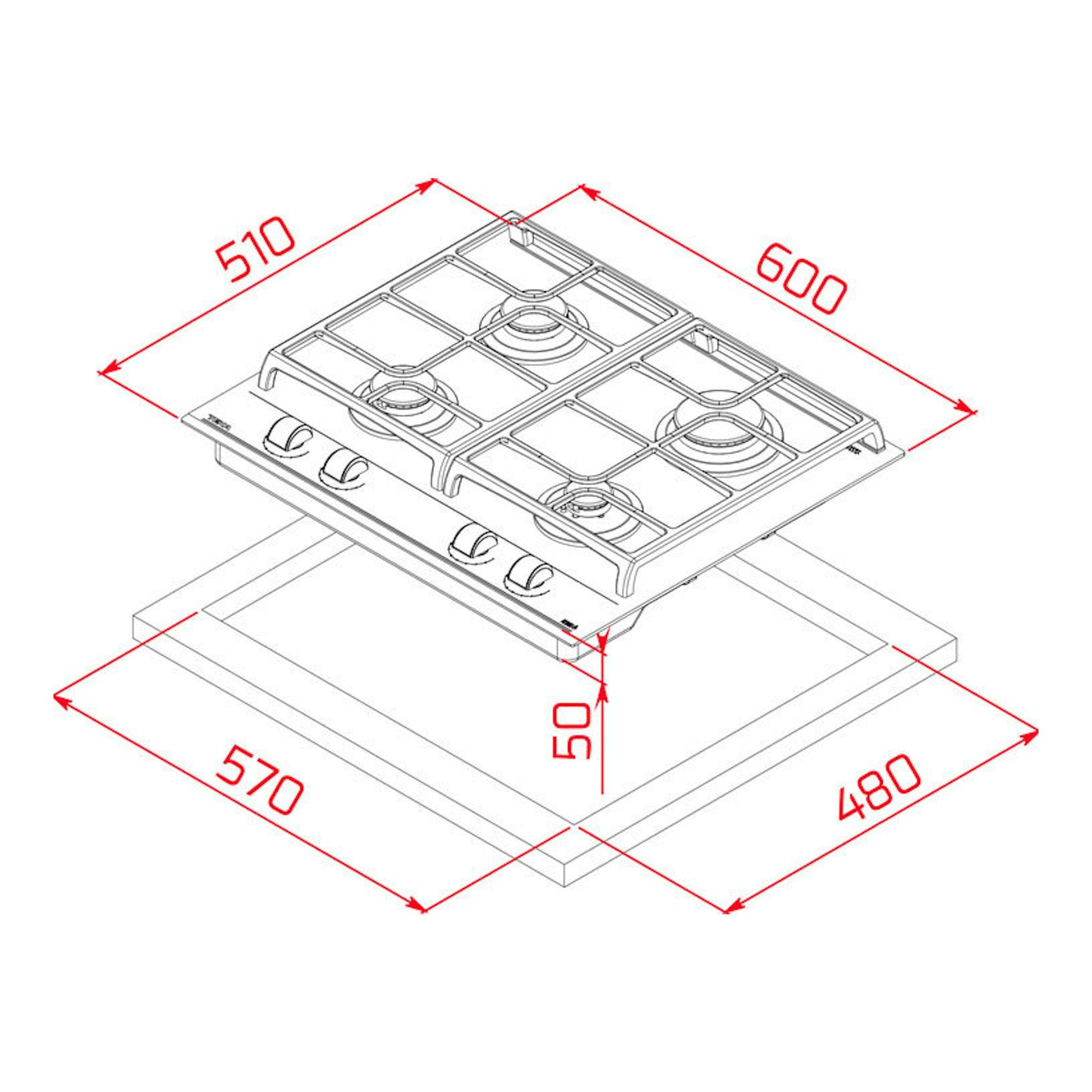 Teka GZC64300XBA: placa de gas en cristal, vista isométrica, con 4 fuegos y medidas 600x510 mm.