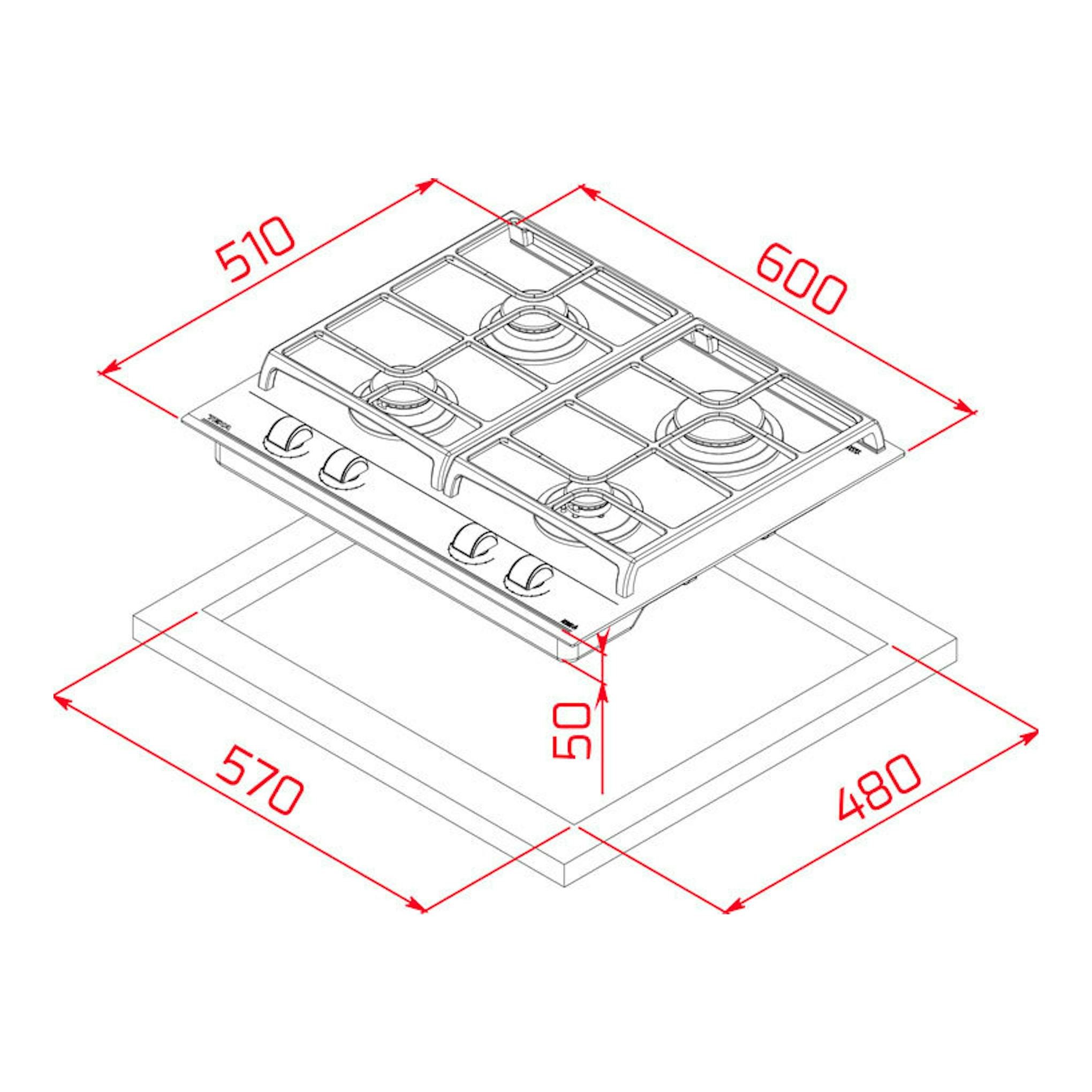 Teka GZC64300XBA: placa de gas en cristal, vista isométrica, con 4 fuegos y medidas 600x510 mm.