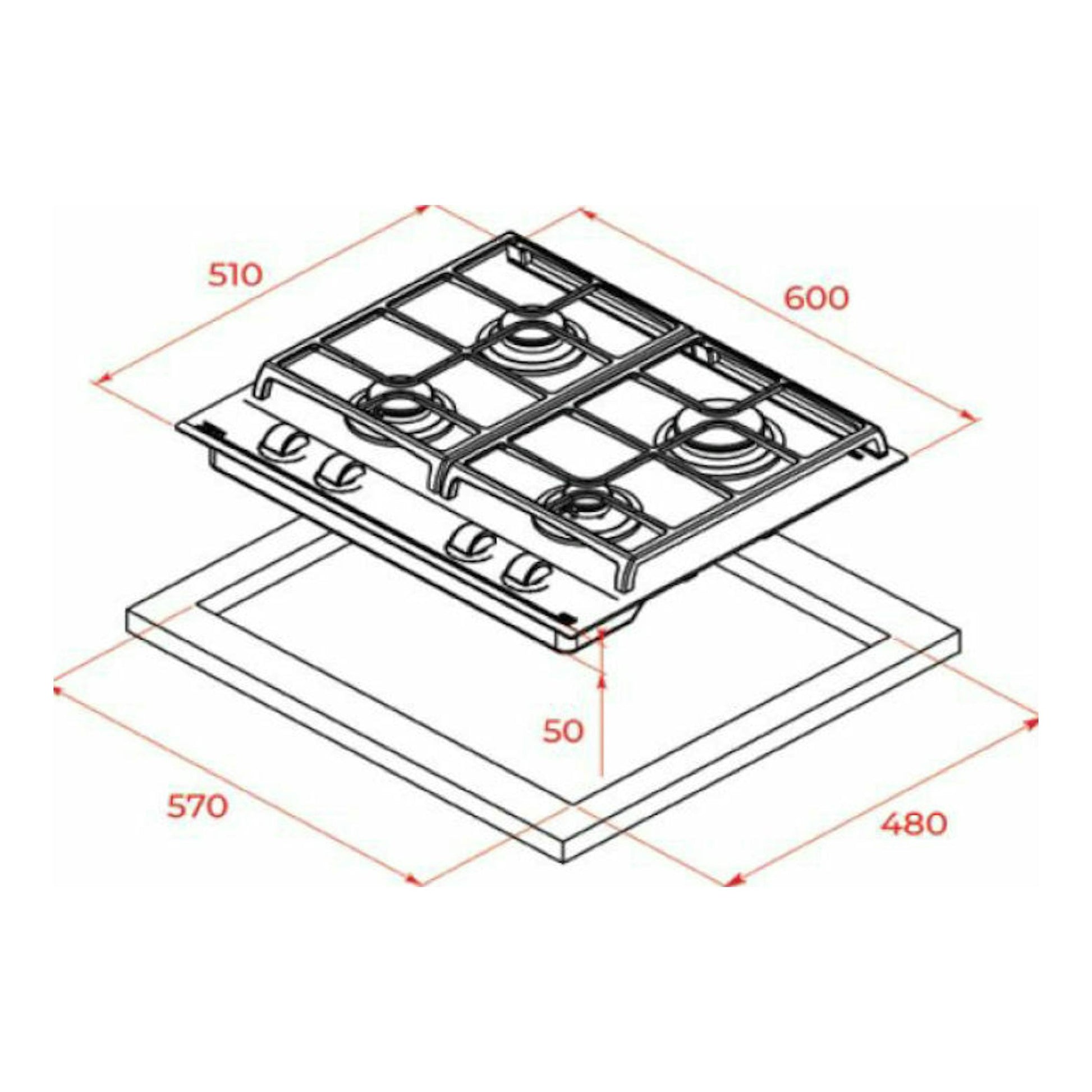 Dibujo técnico en vista isométrica de la placa de gas Teka GZC64300XBN, con medidas 600x510 mm y hueco 570x480 mm.