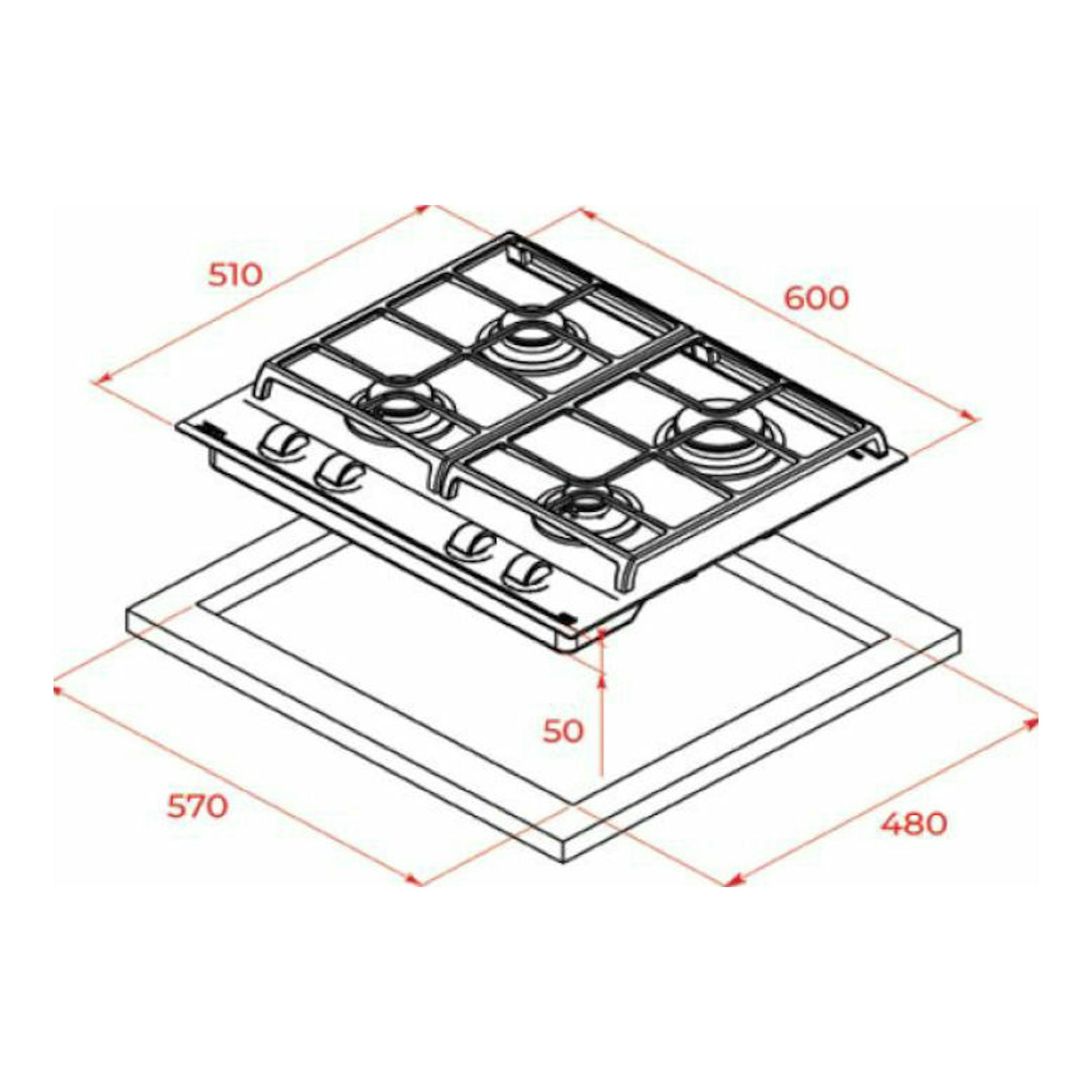 Dibujo técnico en vista isométrica de la placa de gas Teka GZC64300XBN, con medidas 600x510 mm y hueco 570x480 mm.