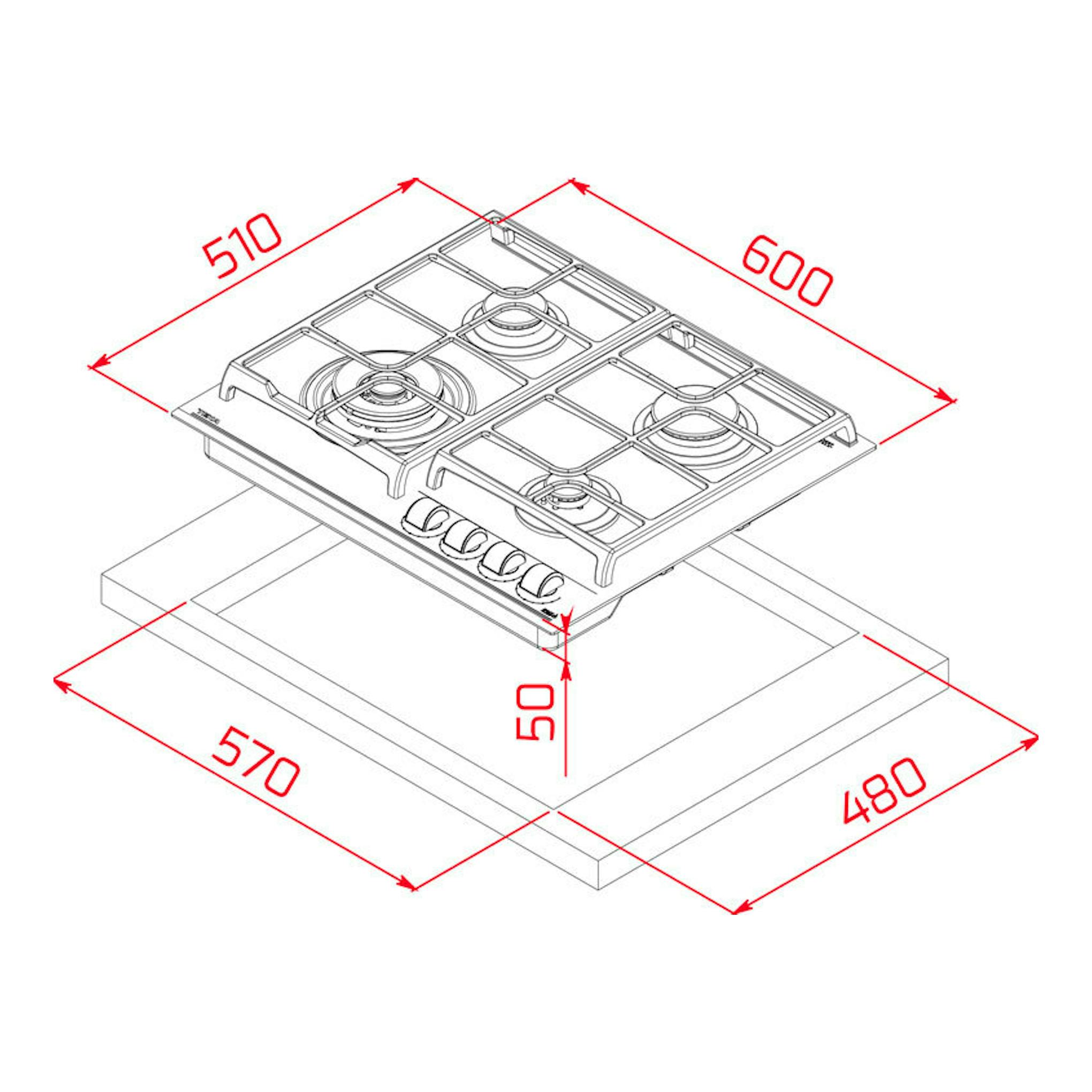 Esquema isométrico de placa de gas Teka GZC64320XBA, de cristal negro, con 4 fuegos y medidas 600×510 mm.